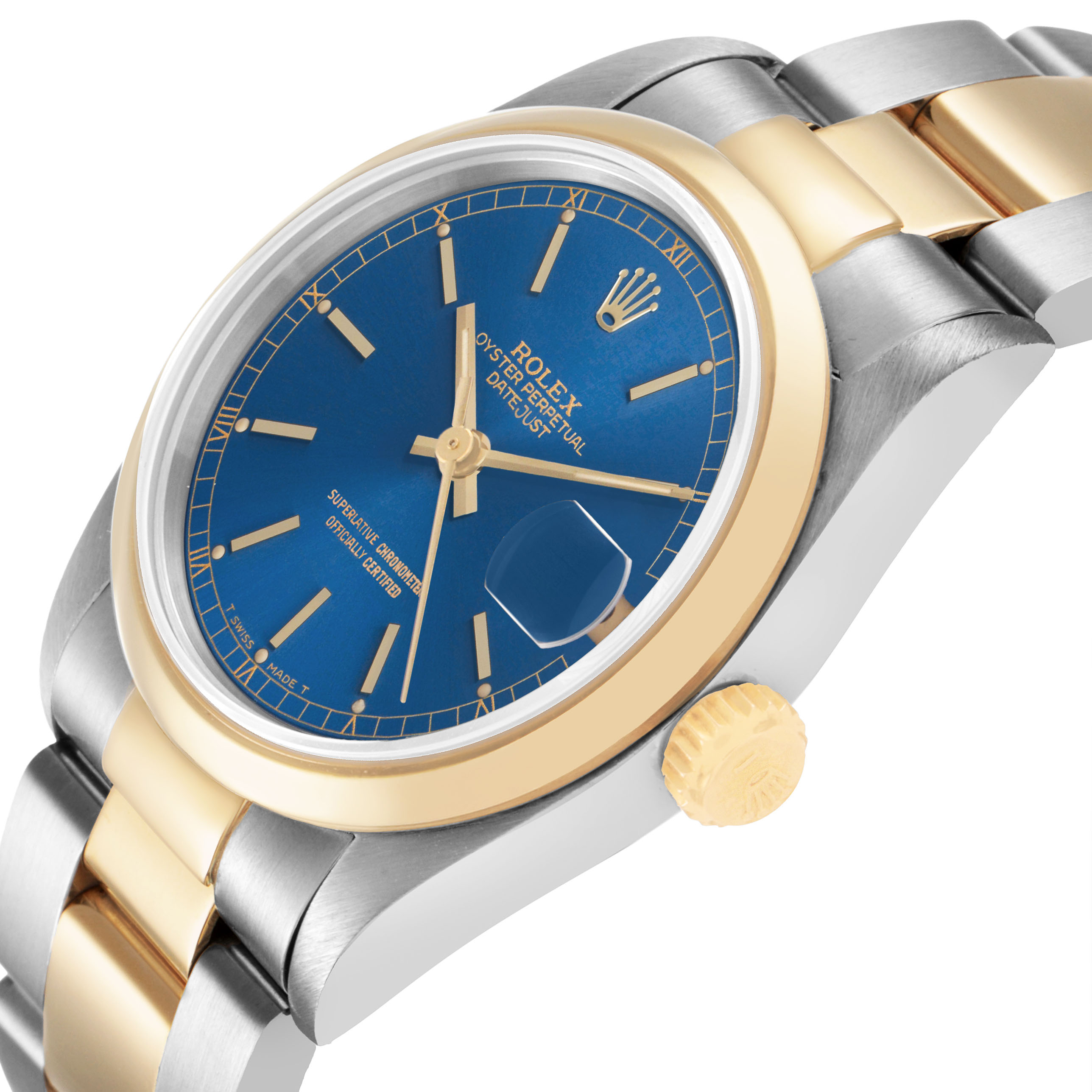 The Rolex Datejust 68243 Women's Steel and Gold (two tone) Blue Dial watch is shown at an angled side view, highlighting the blue dial, bezel, and bracelet links.