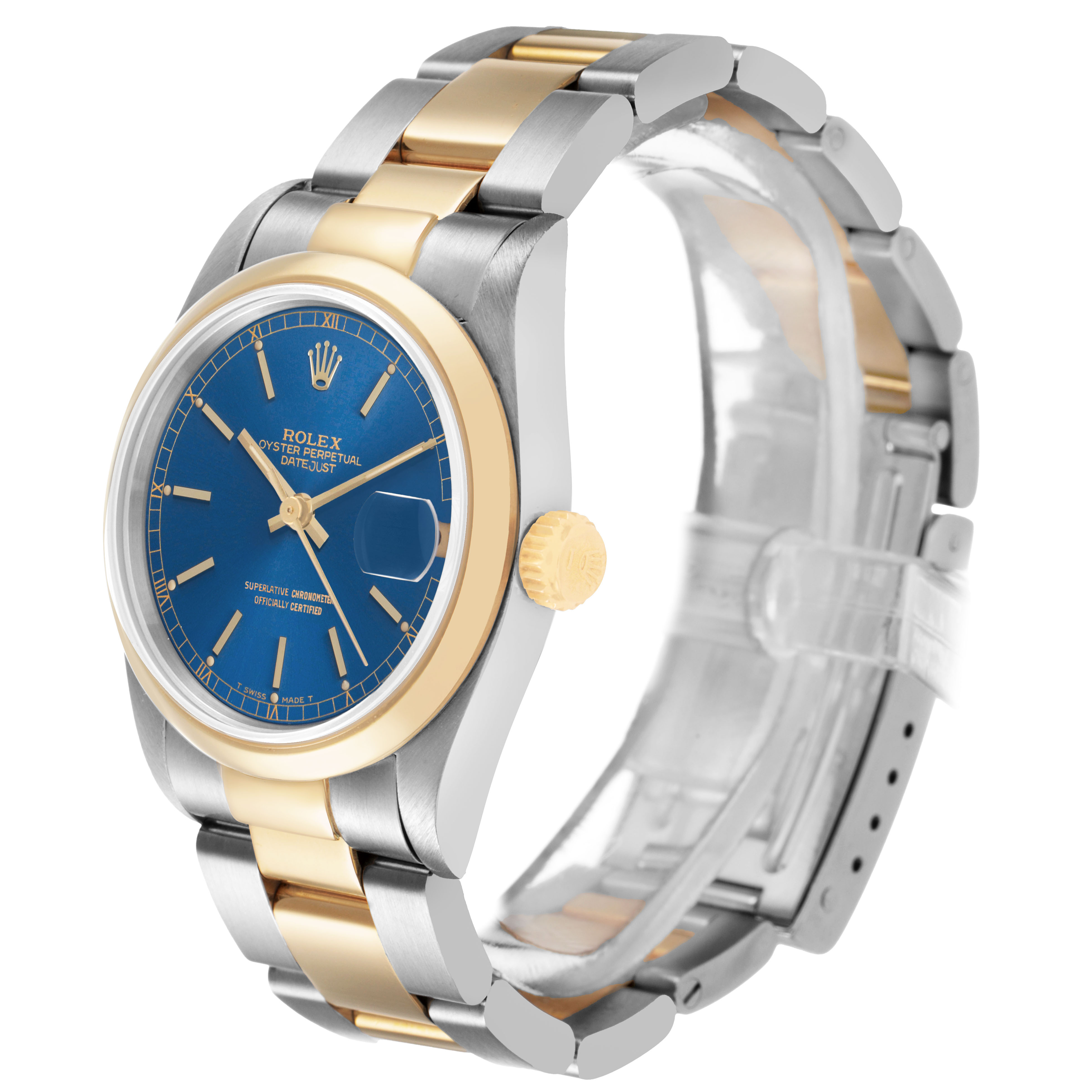 The image shows a Rolex Datejust 68243 Women's Steel and Gold (two tone) Blue Dial watch at a side angle, highlighting the case, blue dial, crown, and two-tone bracelet.