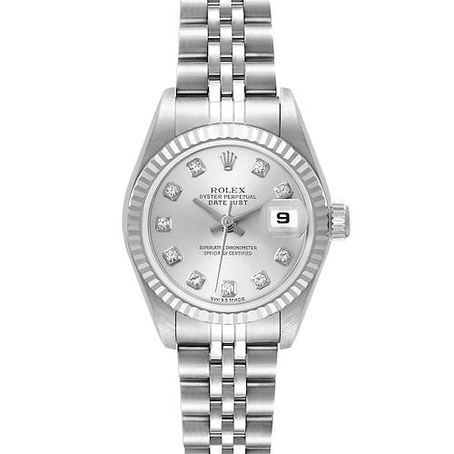 The Rolex Datejust watch is shown from the front, displaying the face, bracelet, bezel, and crown.