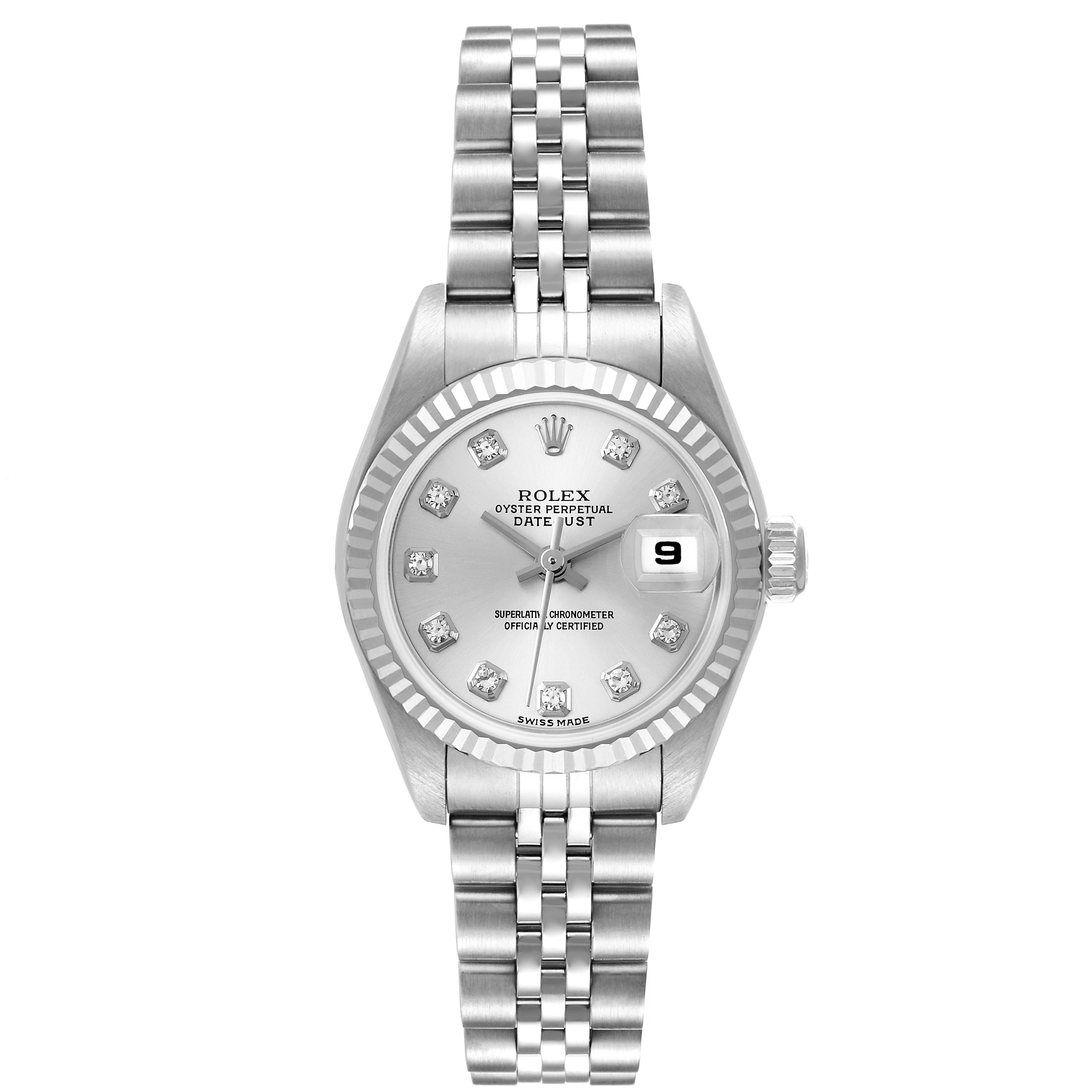 The Rolex Datejust 79174 Women's Stainless Steel Silver Dial 79174 Women's Stainless Steel Silver Dial watch is shown from the front, displaying the face, bezel, and Jubilee bracelet.