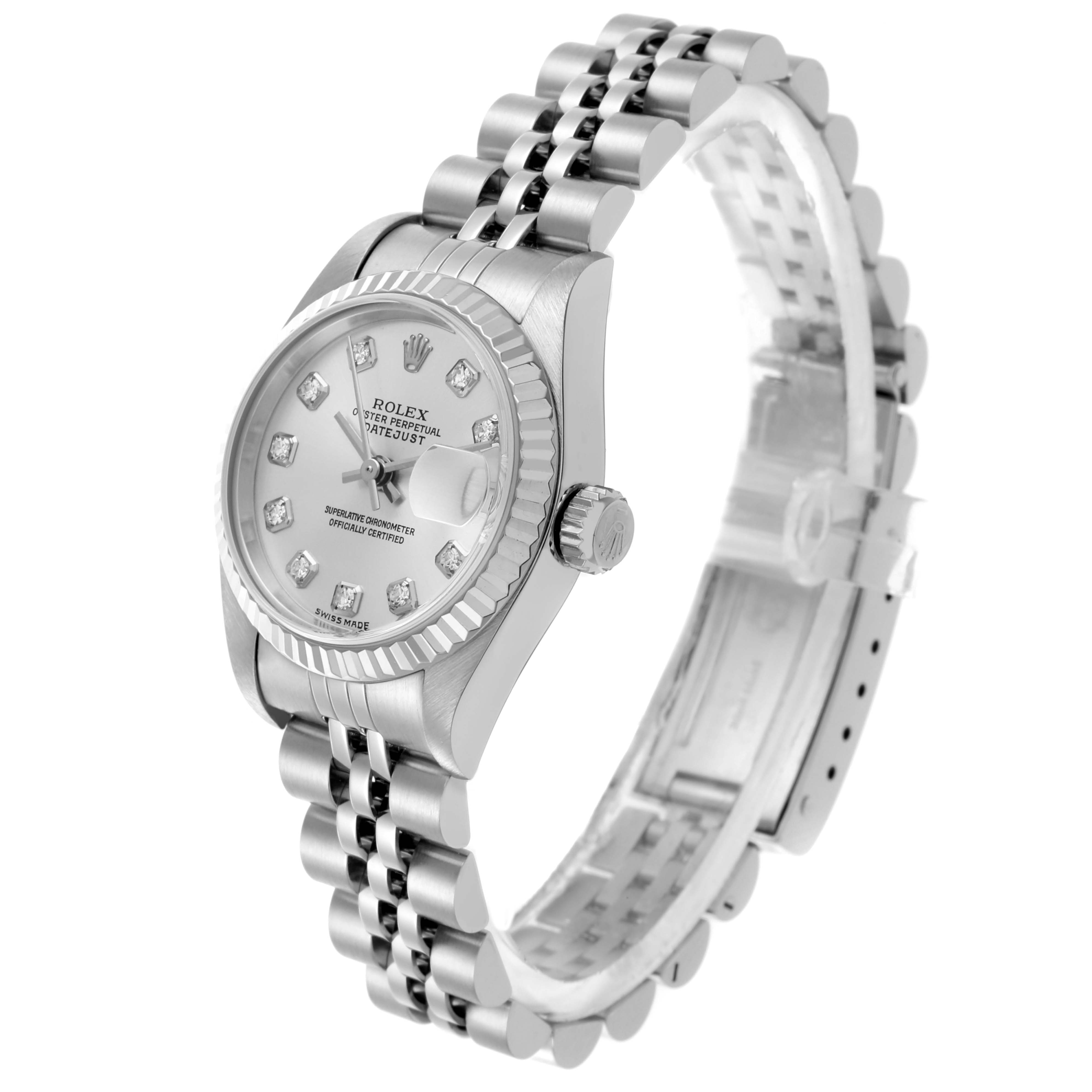 The Rolex Datejust 79174 Women's Stainless Steel Silver Dial 79174 Women's Stainless Steel Silver Dial watch is shown at a slight angle, displaying the dial, bezel, crown, and bracelet.