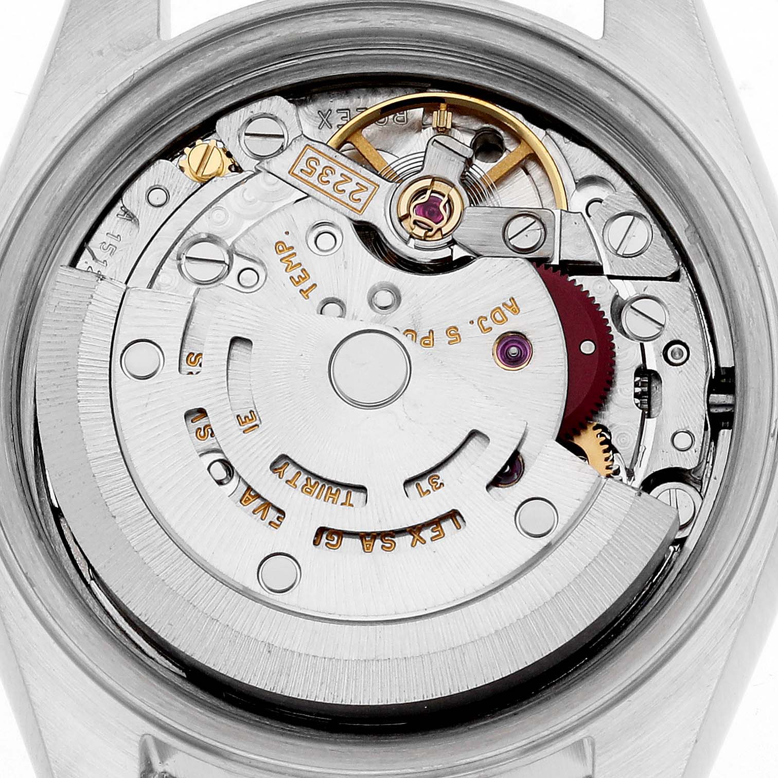 The image shows the internal movement mechanism of a Rolex Datejust 79174 Women's Stainless Steel Silver Dial 79174 Women's Stainless Steel Silver Dial watch from a top view.