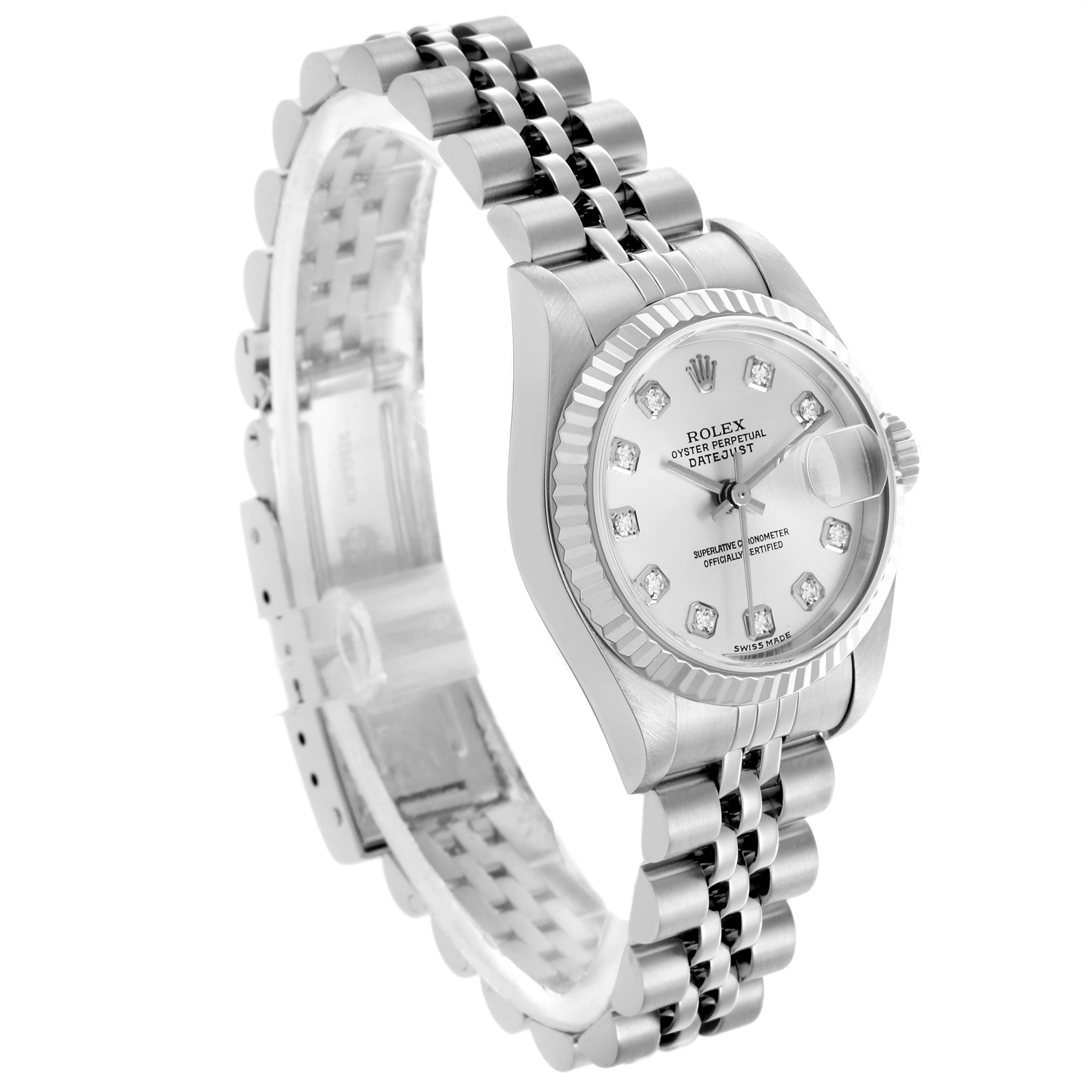 The Rolex Datejust 79174 Women's Stainless Steel Silver Dial 79174 Women's Stainless Steel Silver Dial watch is shown at a three-quarter angle, displaying the dial, bezel, and part of the bracelet.