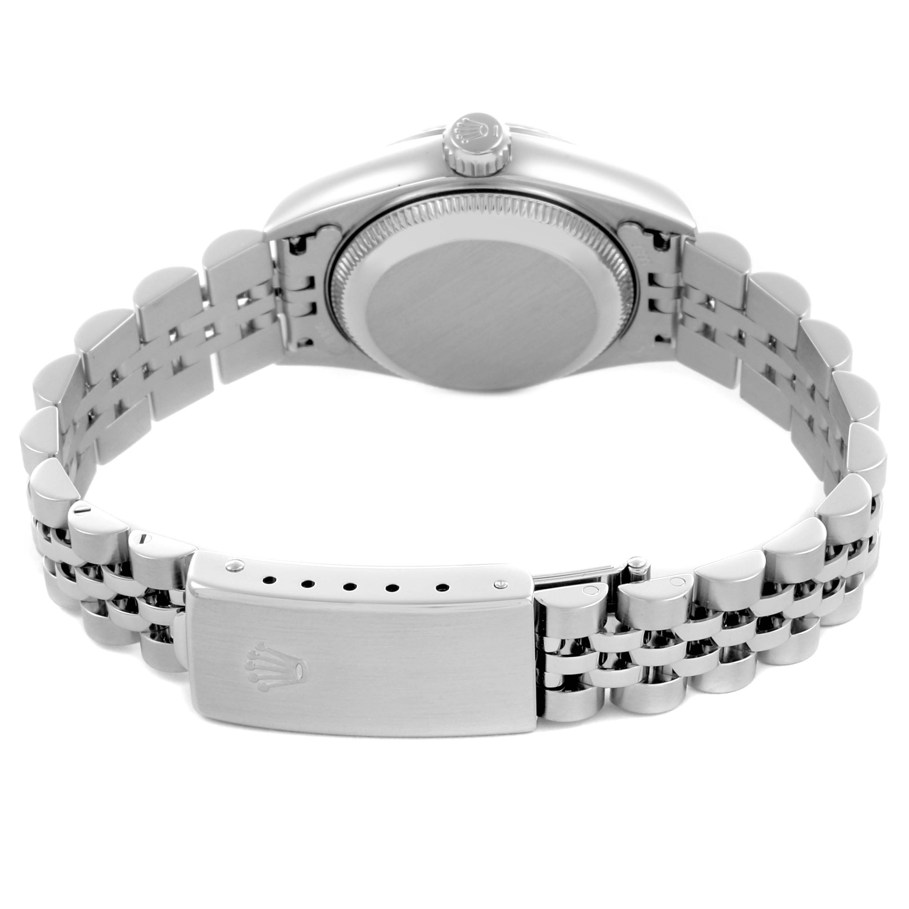 The image shows the back of the Rolex Datejust 79174 Women's Stainless Steel Silver Dial 79174 Women's Stainless Steel Silver Dial, focusing on the bracelet and clasp.