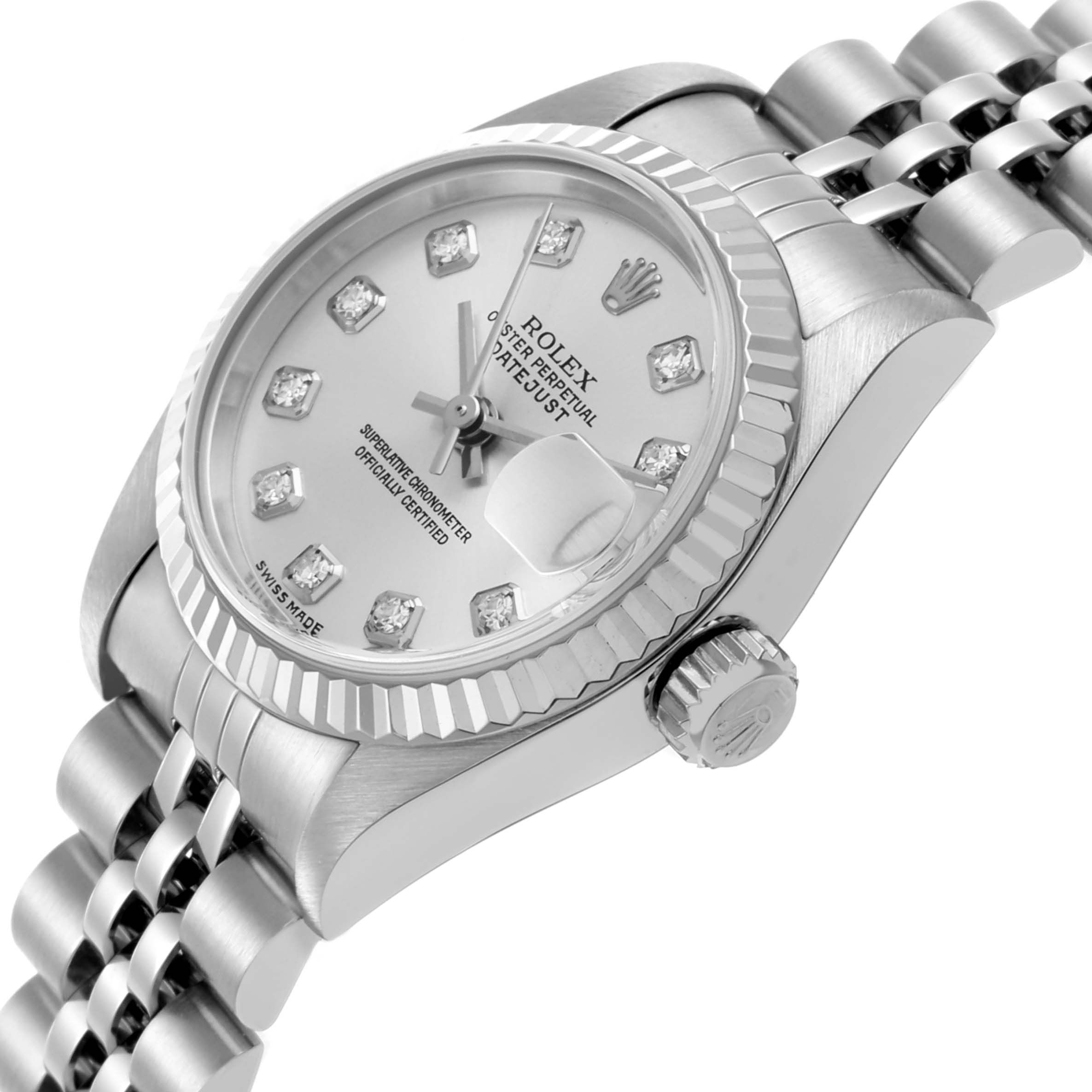 The Rolex Datejust 79174 Women's Stainless Steel Silver Dial 79174 Women's Stainless Steel Silver Dial watch is shown at a side angle, highlighting its face, bezel, and crown.