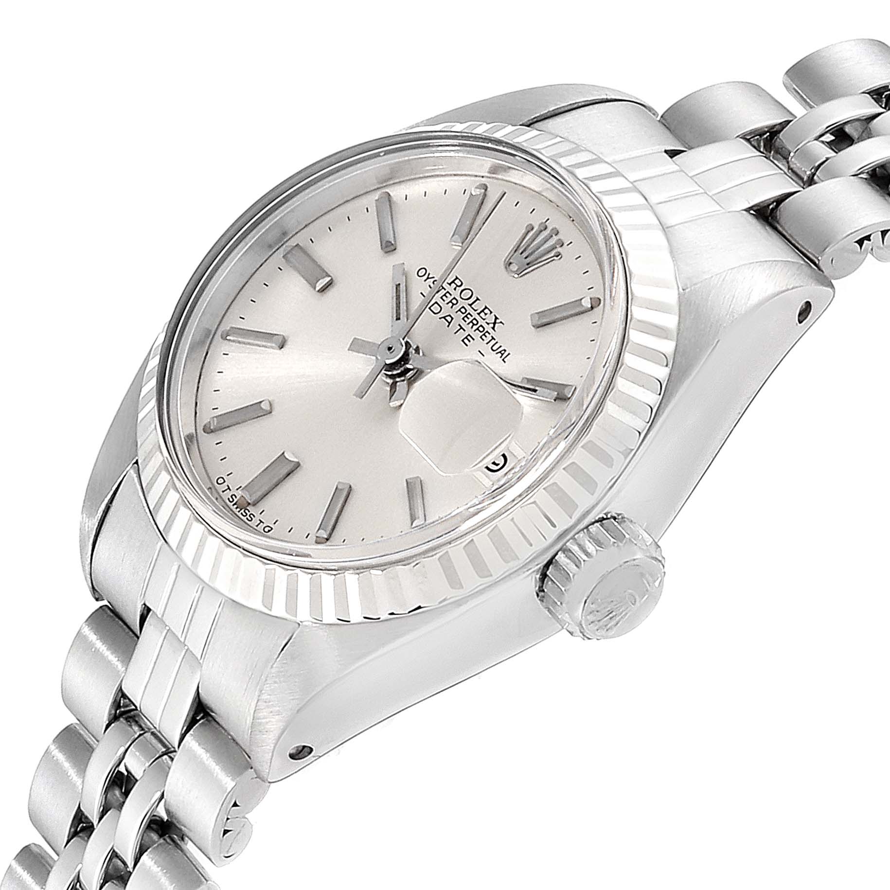 This image shows a Rolex Datejust 6917 Women's Stainless Steel Silver Dial 6917 Women's Stainless Steel Silver Dial watch at a slight angle, highlighting its face, bezel, crown, and part of the bracelet.