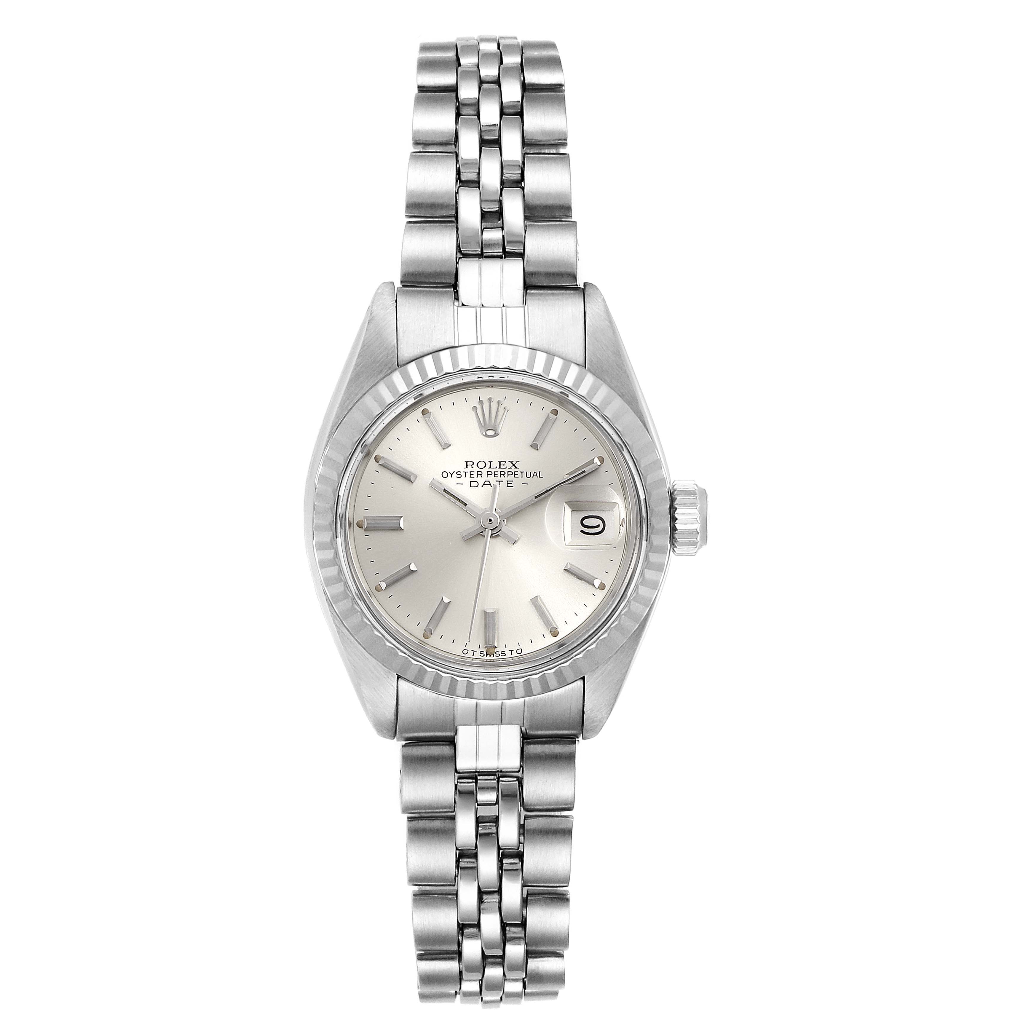 This image shows a frontal view of a Rolex Datejust 6917 Women's Stainless Steel Silver Dial 6917 Women's Stainless Steel Silver Dial watch, displaying its face, bezel, and metal bracelet.