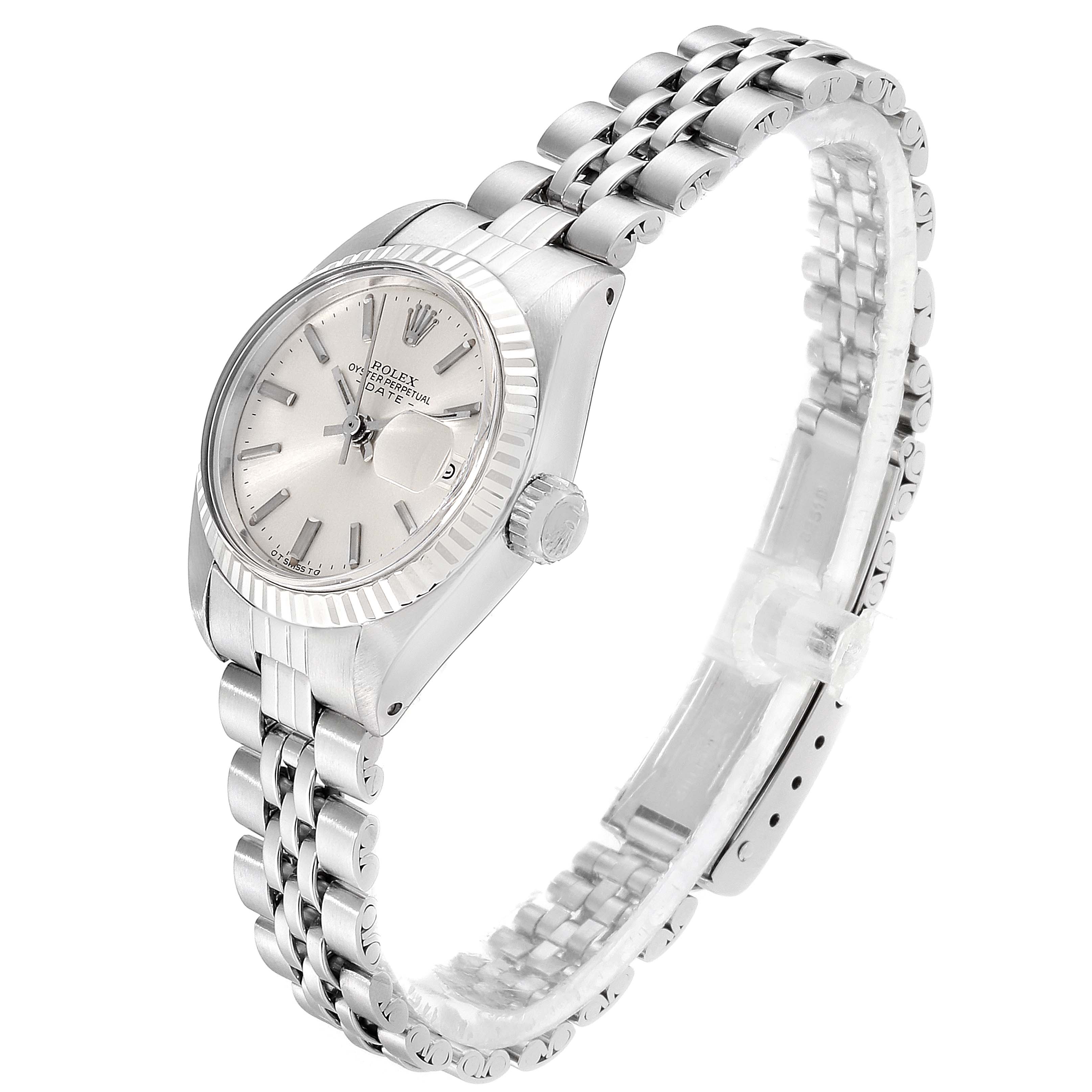 The Rolex Datejust 6917 Women's Stainless Steel Silver Dial 6917 Women's Stainless Steel Silver Dial watch is shown at an angle displaying its face, crown, and full bracelet.