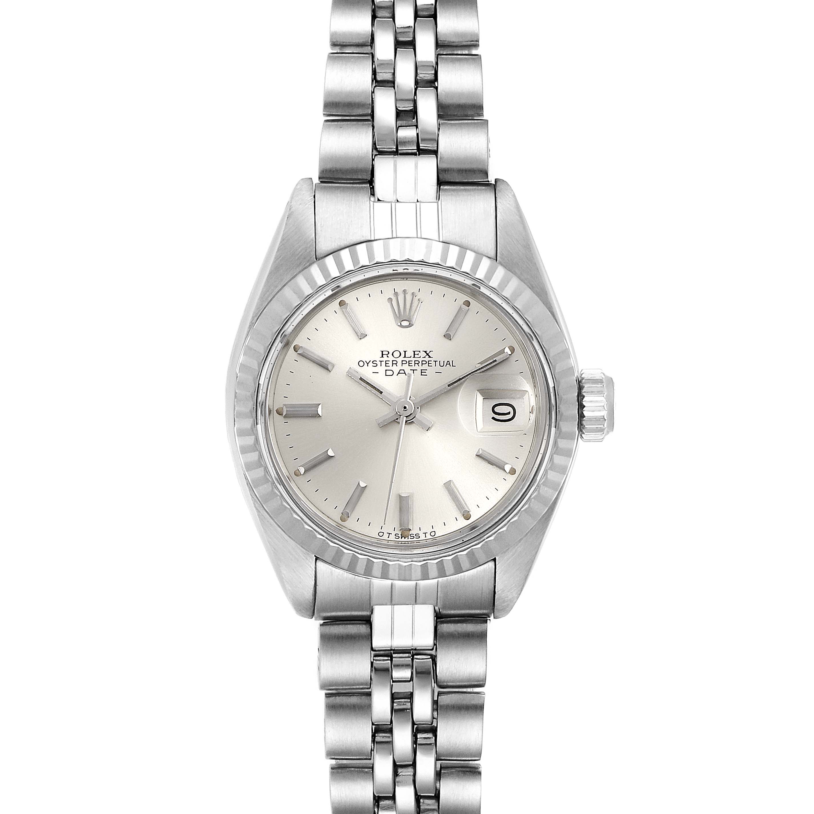 The image shows a Rolex Datejust 6917 Women's Stainless Steel Silver Dial 6917 Women's Stainless Steel Silver Dial watch from a top-down angle, highlighting its face, bezel, and metal bracelet.