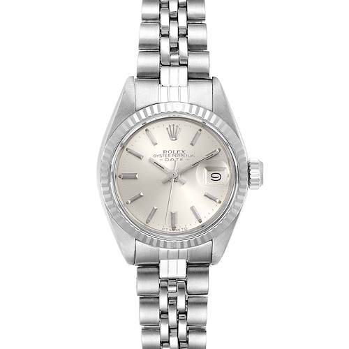 The image shows a Rolex Datejust watch from a front angle, highlighting the dial, bezel, crown, and bracelet.