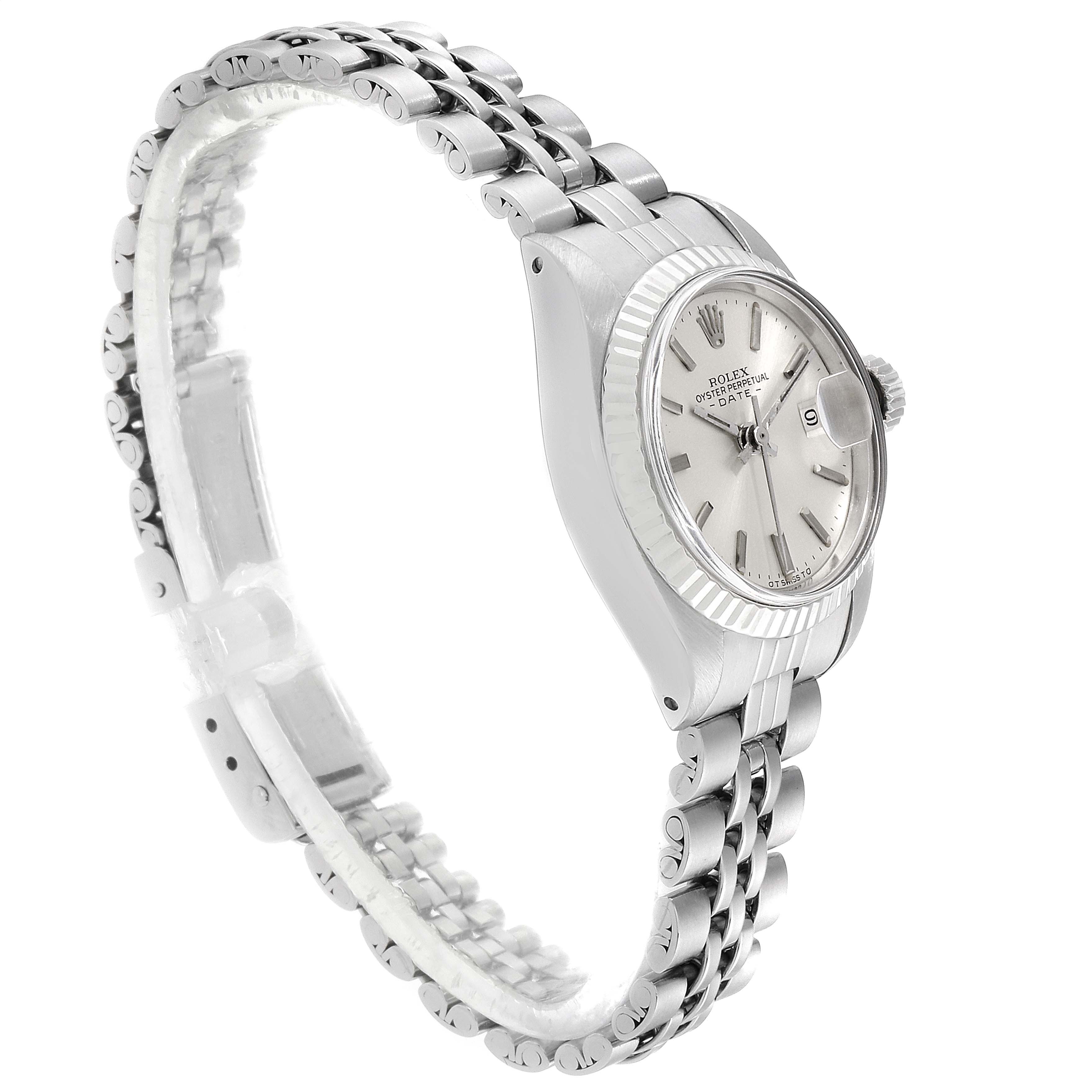 The image shows a side and angled view of a Rolex Datejust 6917 Women's Stainless Steel Silver Dial 6917 Women's Stainless Steel Silver Dial watch, highlighting its case, dial, and bracelet.