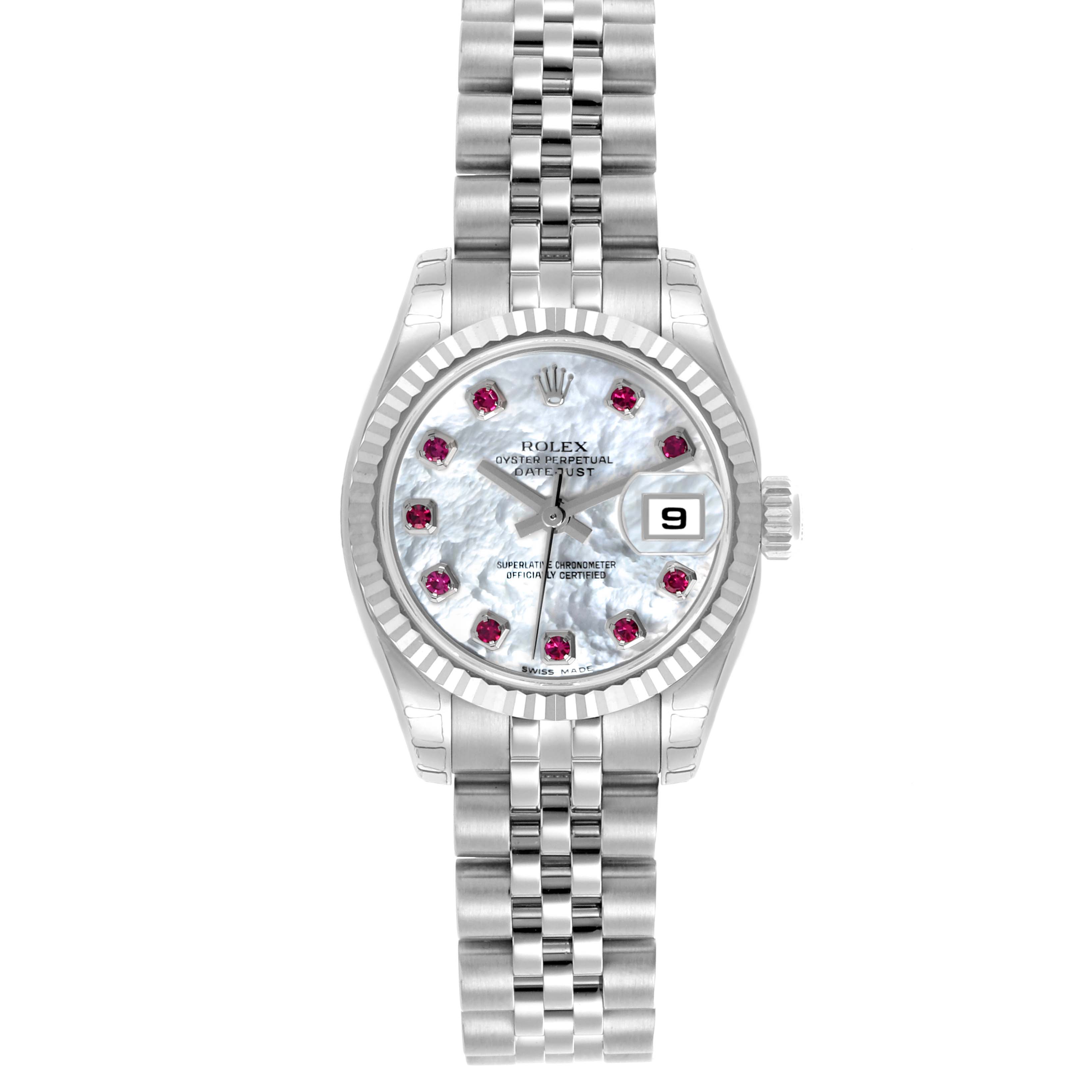 The Rolex Datejust 179174 Women's Stainless Steel Mother of Pearl Dial 179174 Women's Stainless Steel Mother of Pearl Dial watch is shown from the front, highlighting its face, bezel, bracelet, and date window.
