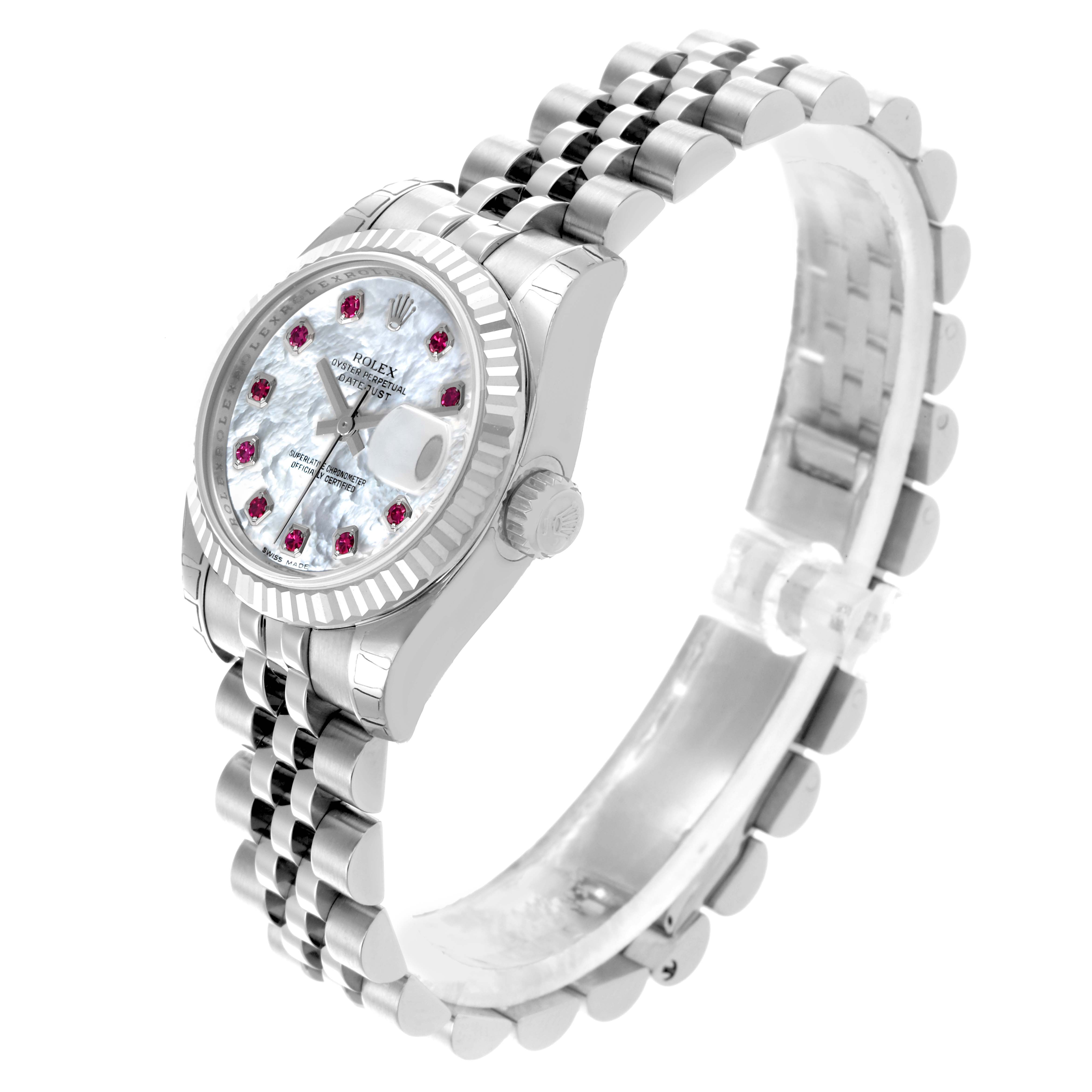 The Rolex Datejust 179174 Women's Stainless Steel Mother of Pearl Dial 179174 Women's Stainless Steel Mother of Pearl Dial watch is shown at an angled side view, highlighting its dial, bezel, and bracelet.