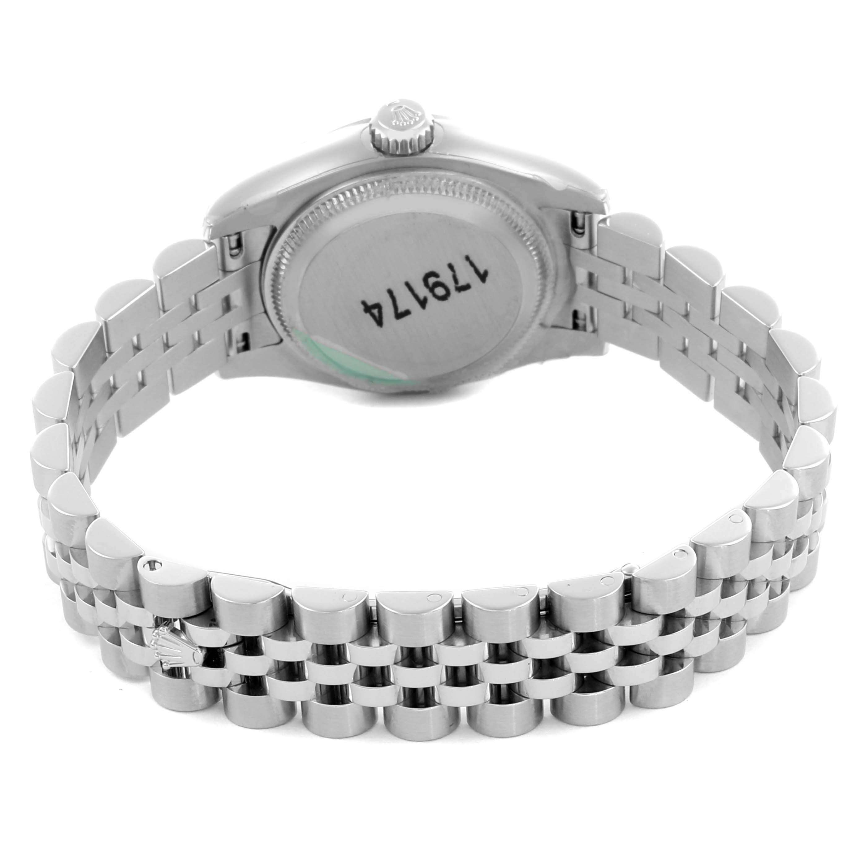 The image shows the back and bracelet of a Rolex Datejust 179174 Women's Stainless Steel Mother of Pearl Dial 179174 Women's Stainless Steel Mother of Pearl Dial watch, focusing on the case back and Jubilee bracelet.