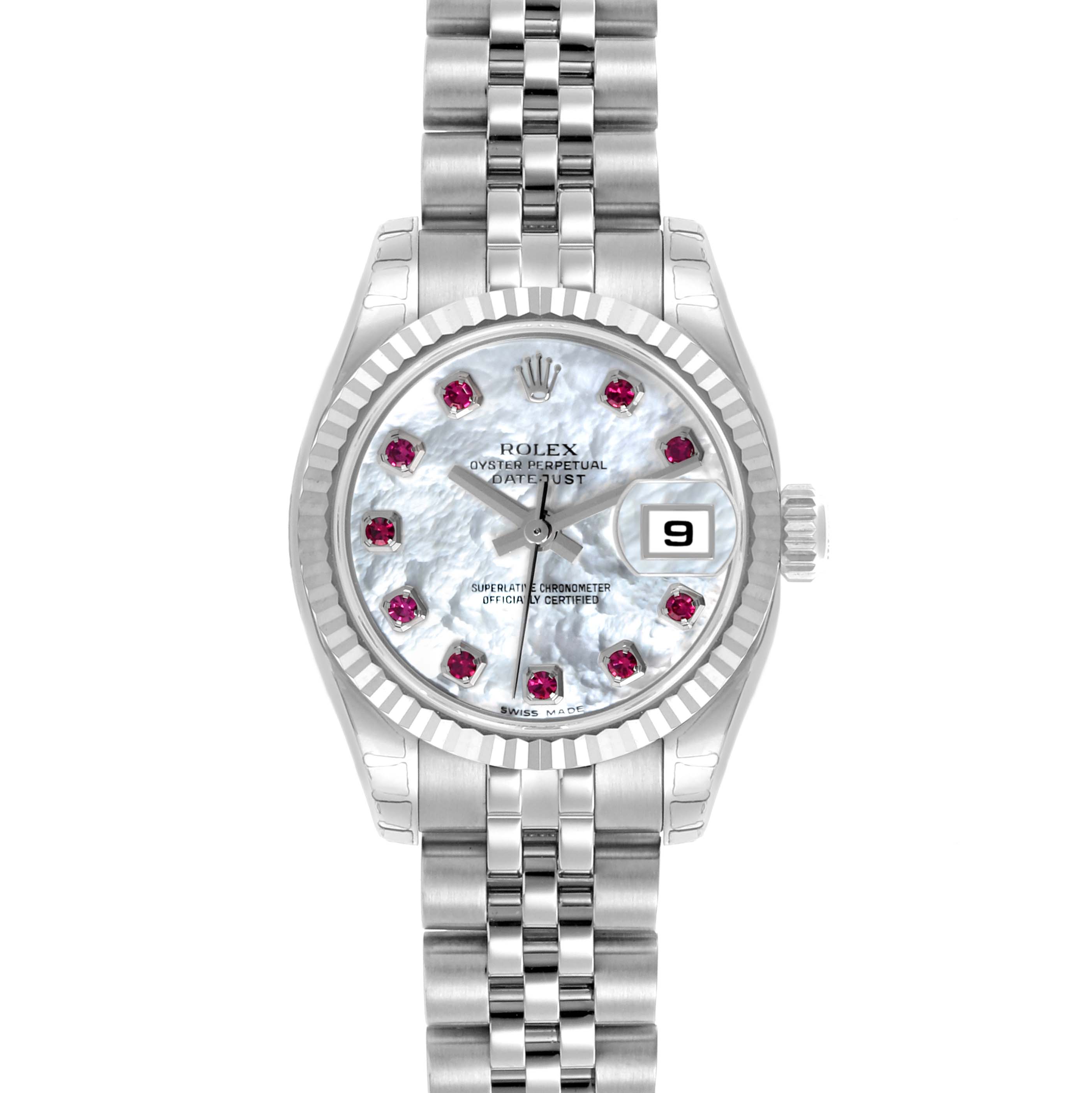 The Rolex Datejust 179174 Women's Stainless Steel Mother of Pearl Dial 179174 Women's Stainless Steel Mother of Pearl Dial watch is shown from a frontal angle, displaying the face, bezel, crown, and Jubilee bracelet.
