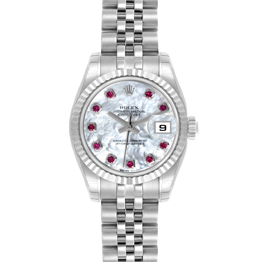 Rolex Datejust Steel White Gold Mother of Pearl Ruby Dial Ladies Watch 179174 Unworn NOS SwissWatchExpo