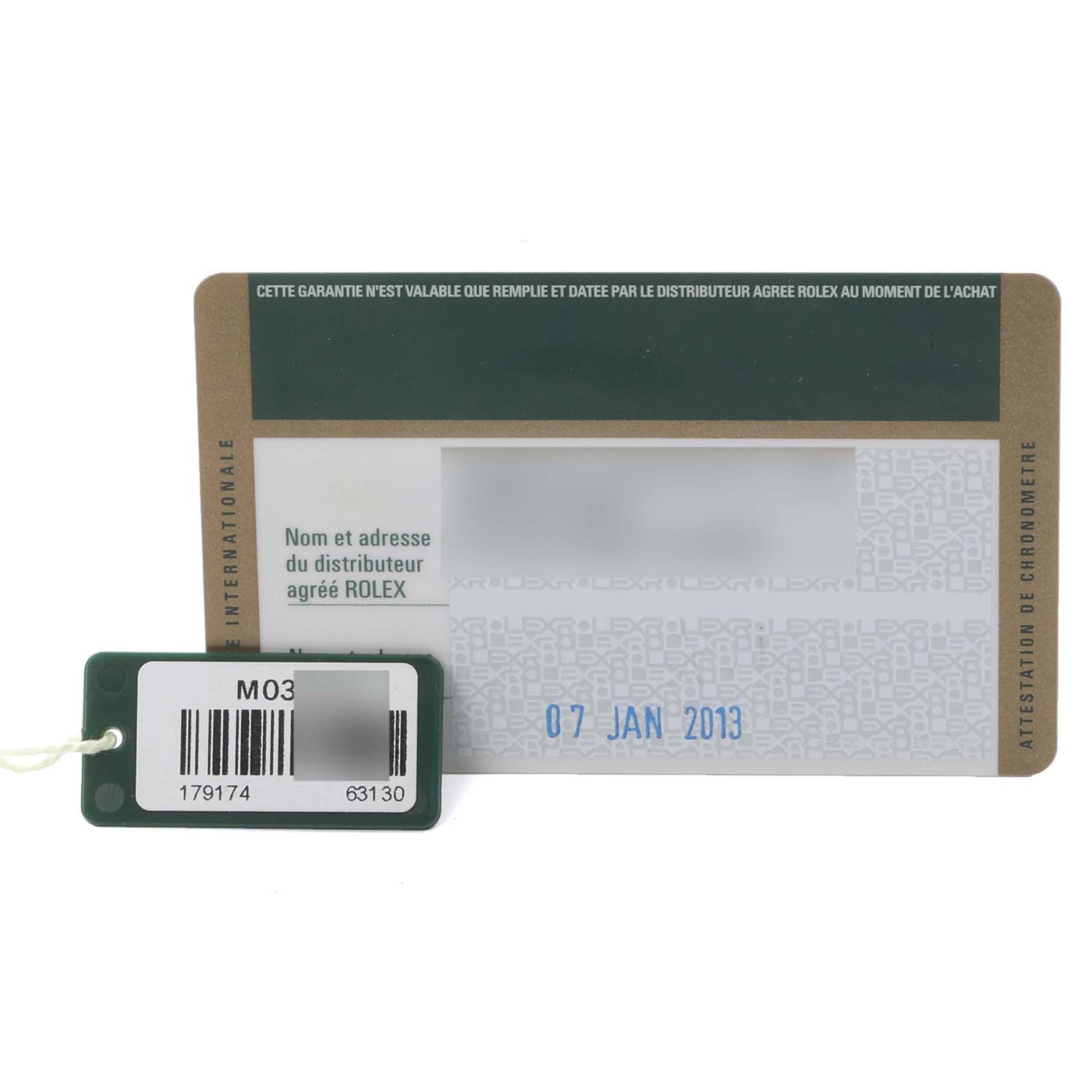 The image shows a warranty card and a tag for the Rolex Datejust 179174 Women's Stainless Steel Mother of Pearl Dial 179174 Women's Stainless Steel Mother of Pearl Dial watch model, displaying registration details.