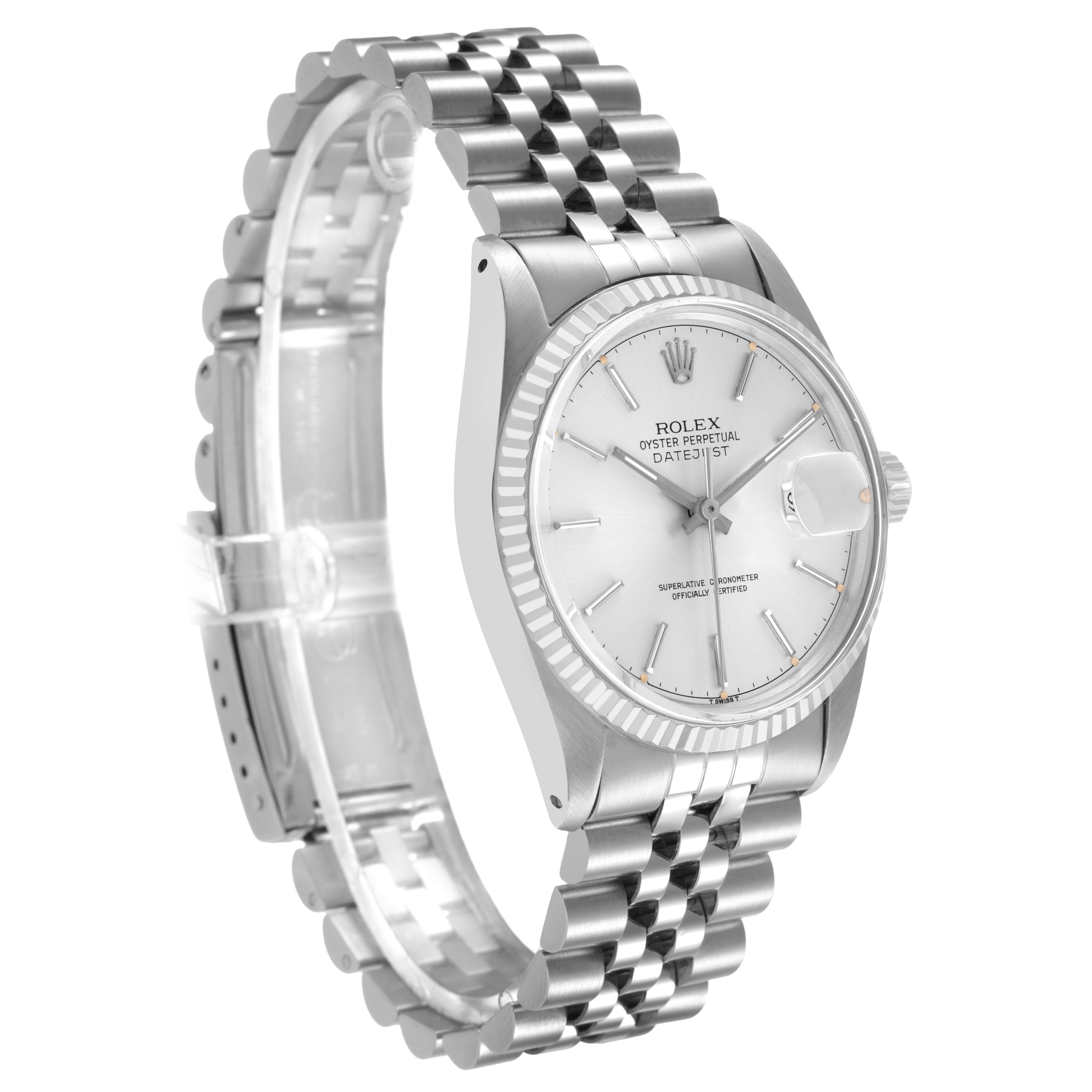 The Rolex Datejust 16014 Men's Stainless Steel Silver Dial watch is shown at a front angle, highlighting the silver dial, bezel, and Jubilee bracelet.