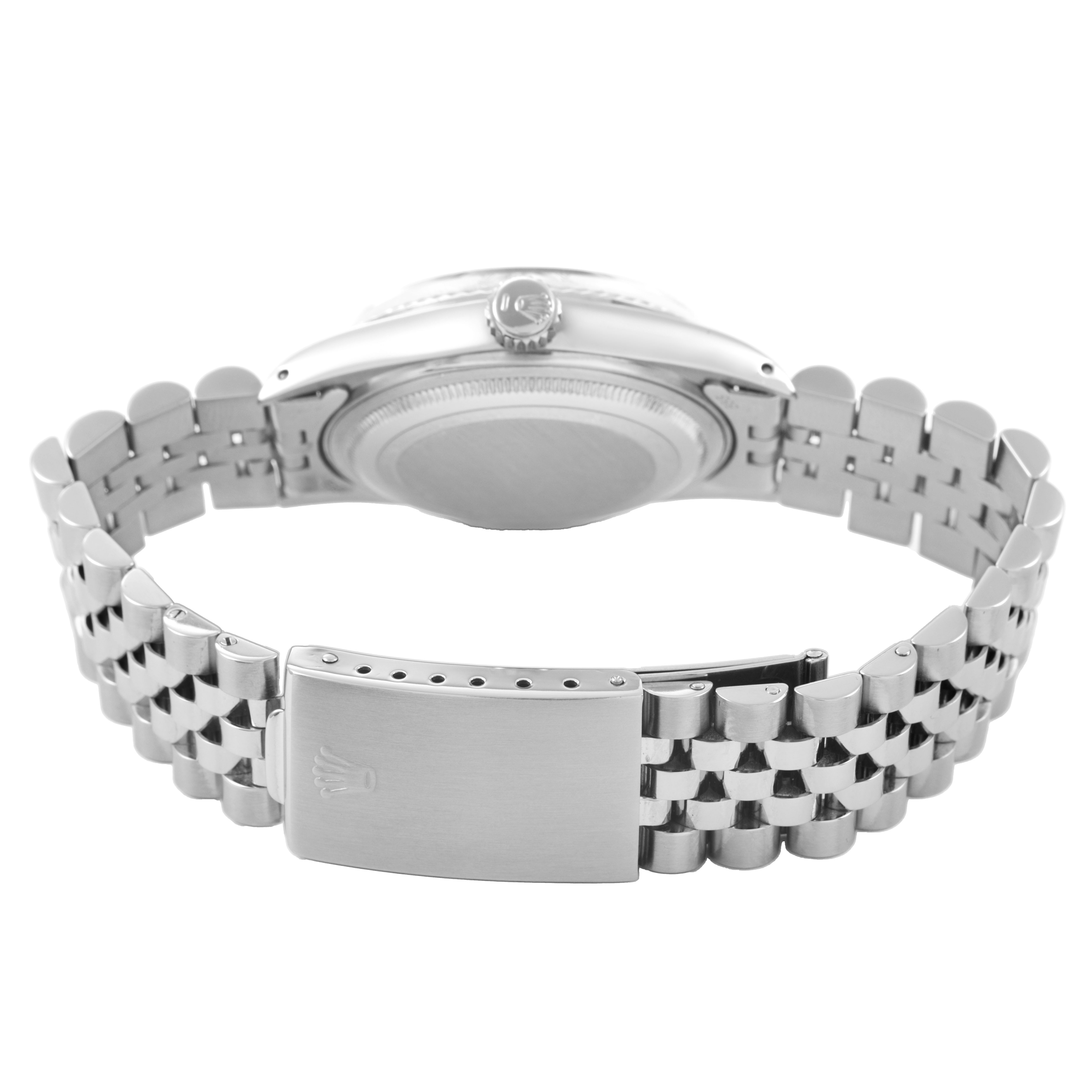 The image shows the back of the Rolex Datejust 16014 Men's Stainless Steel Silver Dial, focusing on the clasp, bracelet, and case back.
