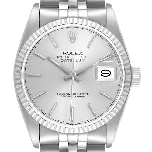 The Rolex Datejust 16014 Men's Stainless Steel Silver Dial watch is shown from a front angle, highlighting the dial, bezel, and part of the bracelet.