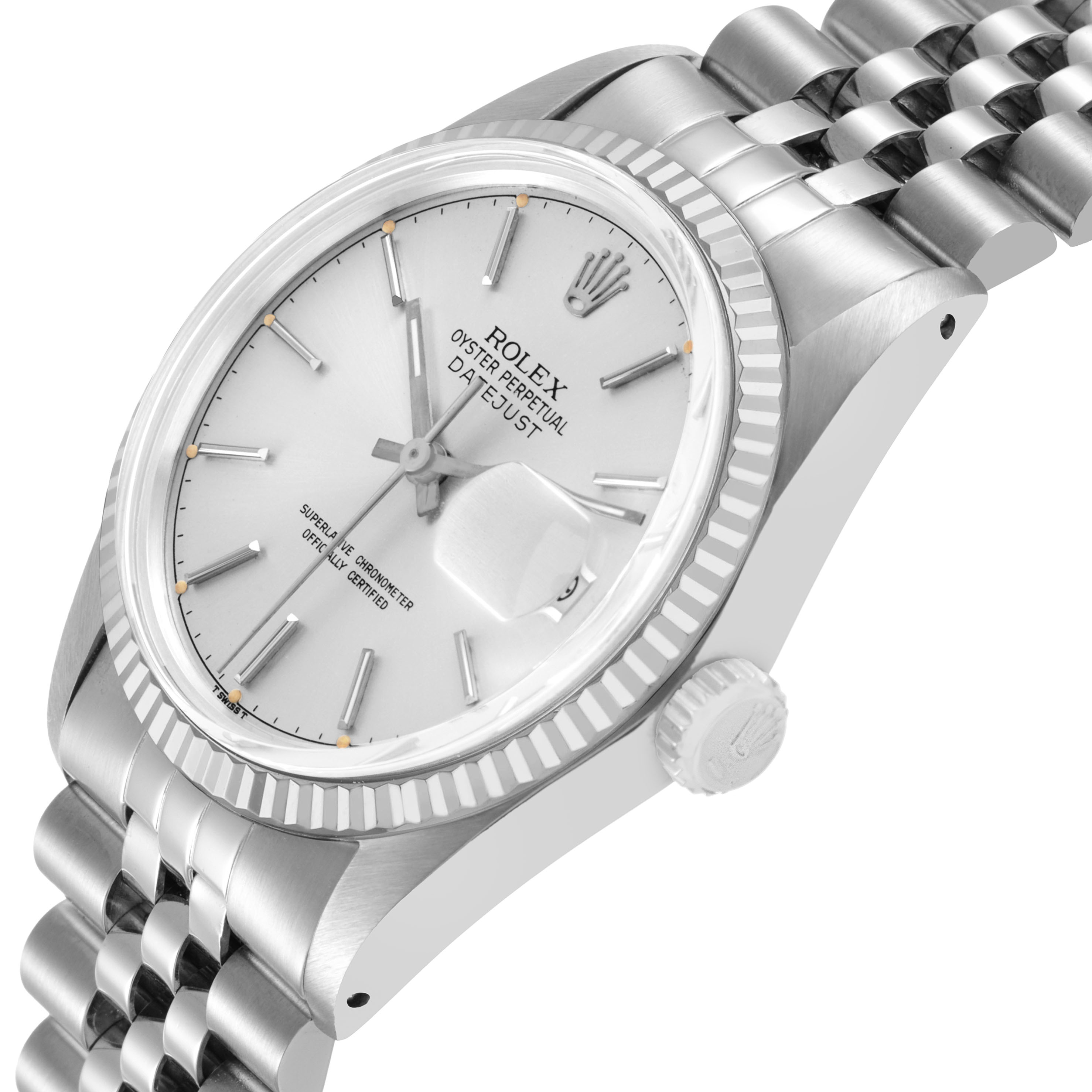 The image shows a Rolex Datejust 16014 Men's Stainless Steel Silver Dial at a slight side angle, highlighting the face, bezel, crown, and part of the bracelet.