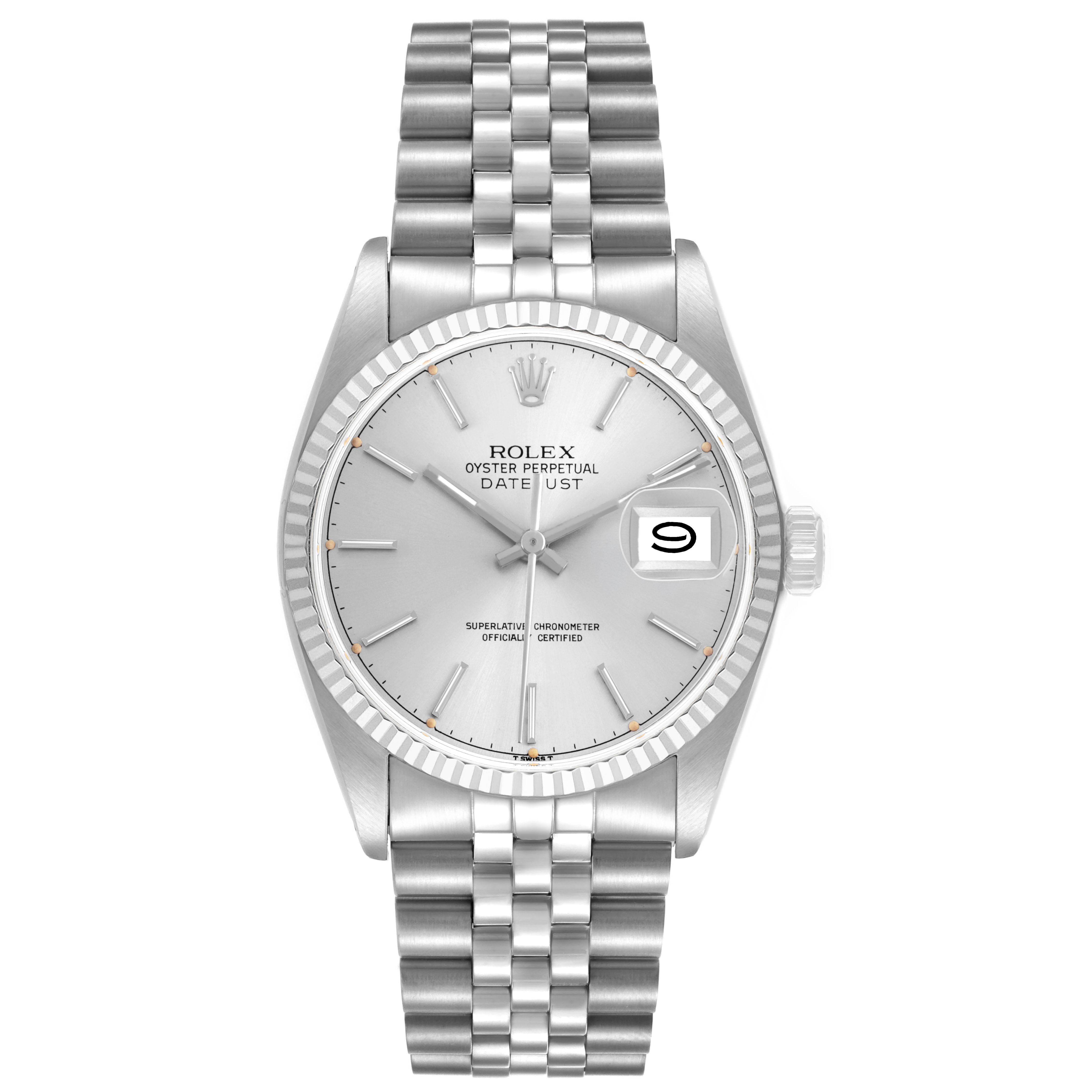 The image shows a front view of a Rolex Datejust 16014 Men's Stainless Steel Silver Dial watch, highlighting its dial, bezel, bracelet, and date magnification.