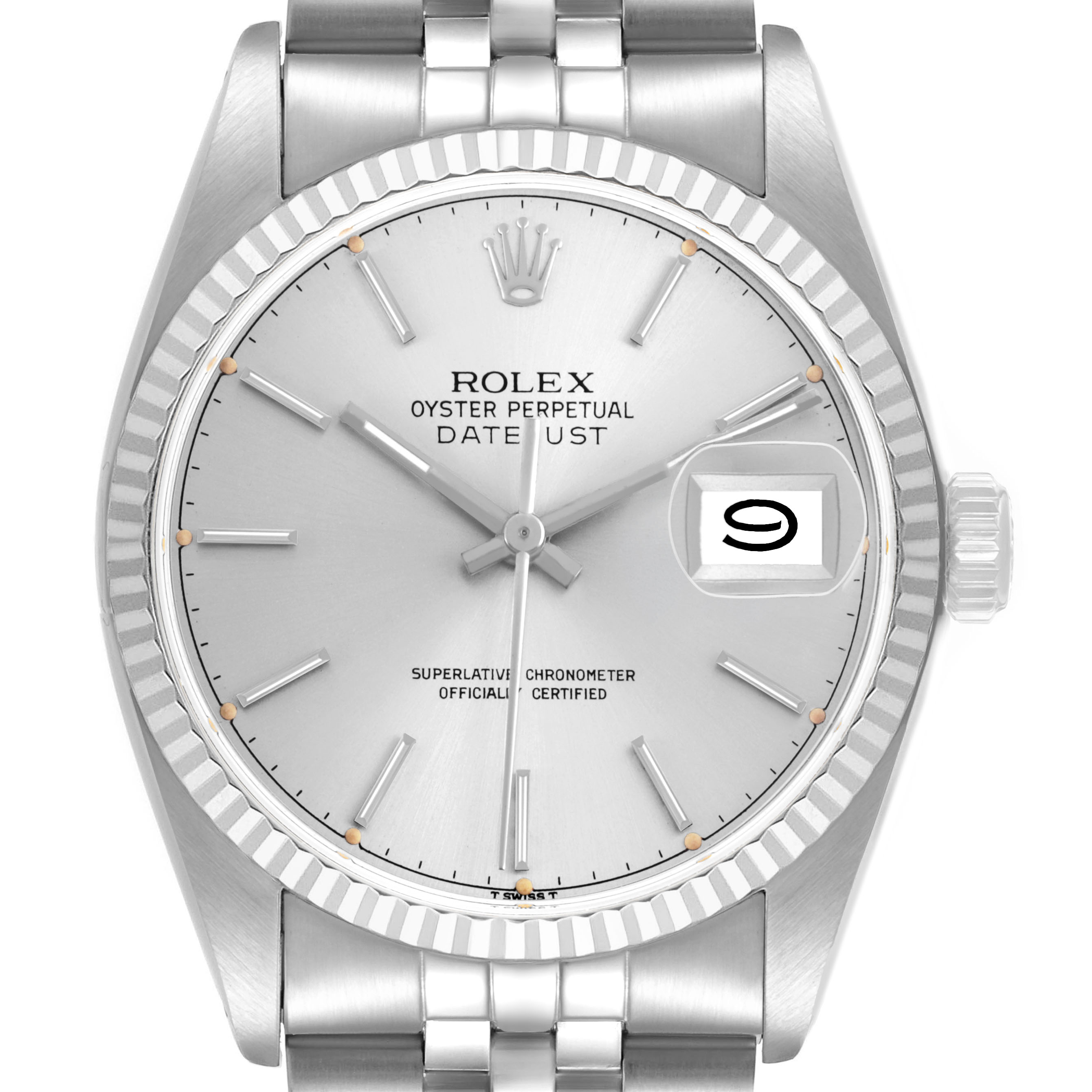 The Rolex Datejust 16014 Men's Stainless Steel Silver Dial watch is shown from the front, displaying its dial, bezel, hands, and bracelet.