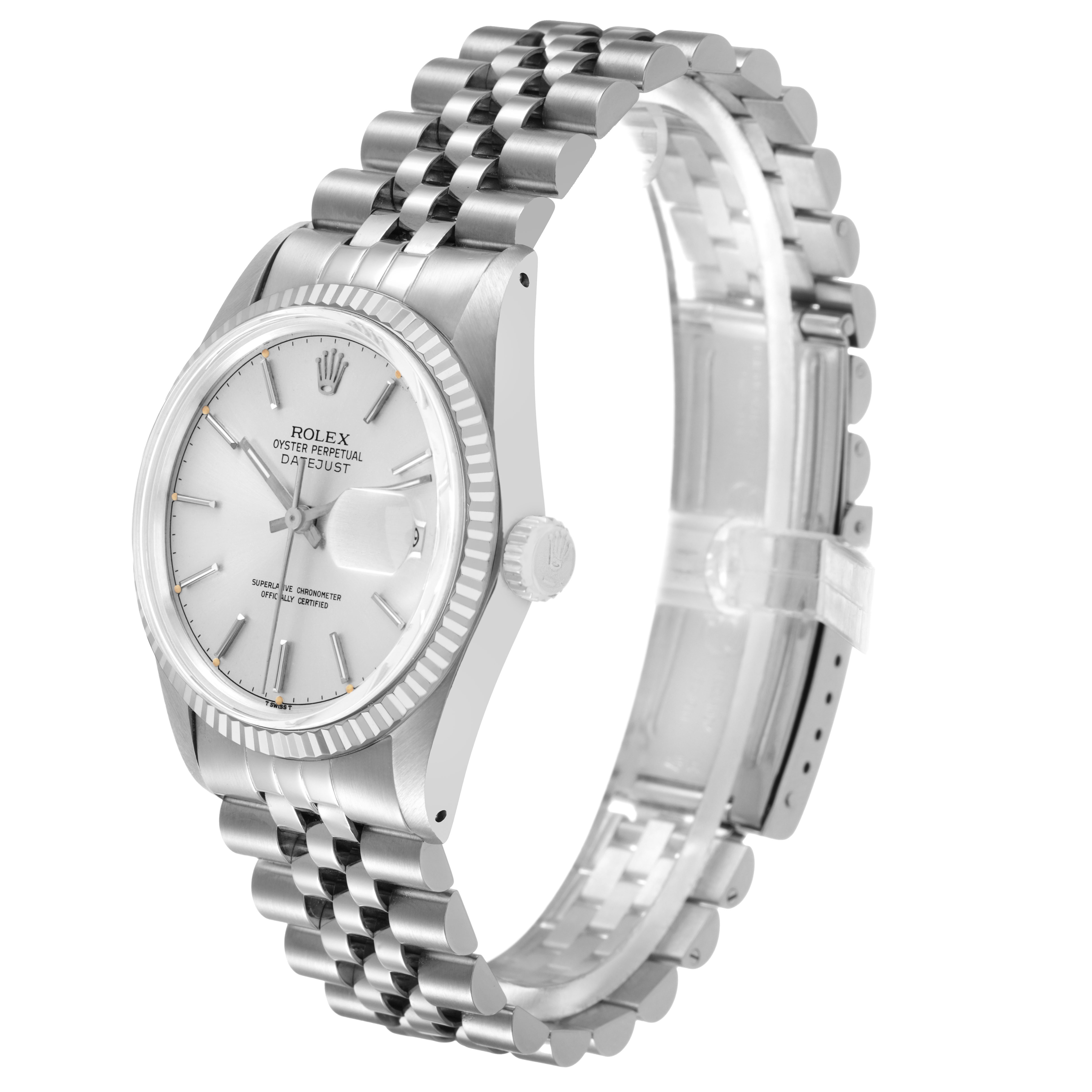 The Rolex Datejust 16014 Men's Stainless Steel Silver Dial watch is shown at a three-quarter angle displaying the face, bezel, crown, and bracelet.
