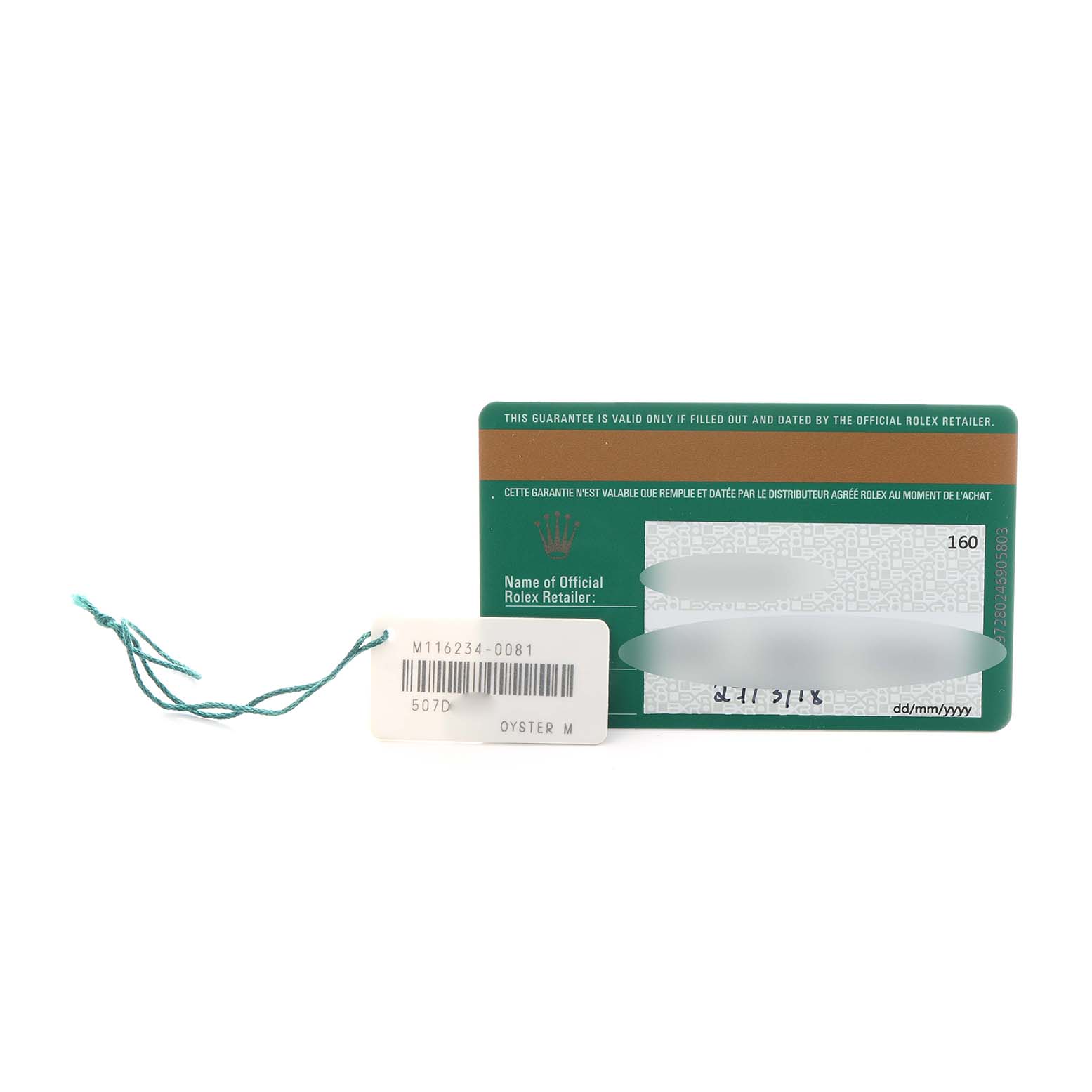 The image shows a Rolex Datejust 116234 Men
s Stainless Steel Silver Dial warranty card and tag with model and serial numbers visible.