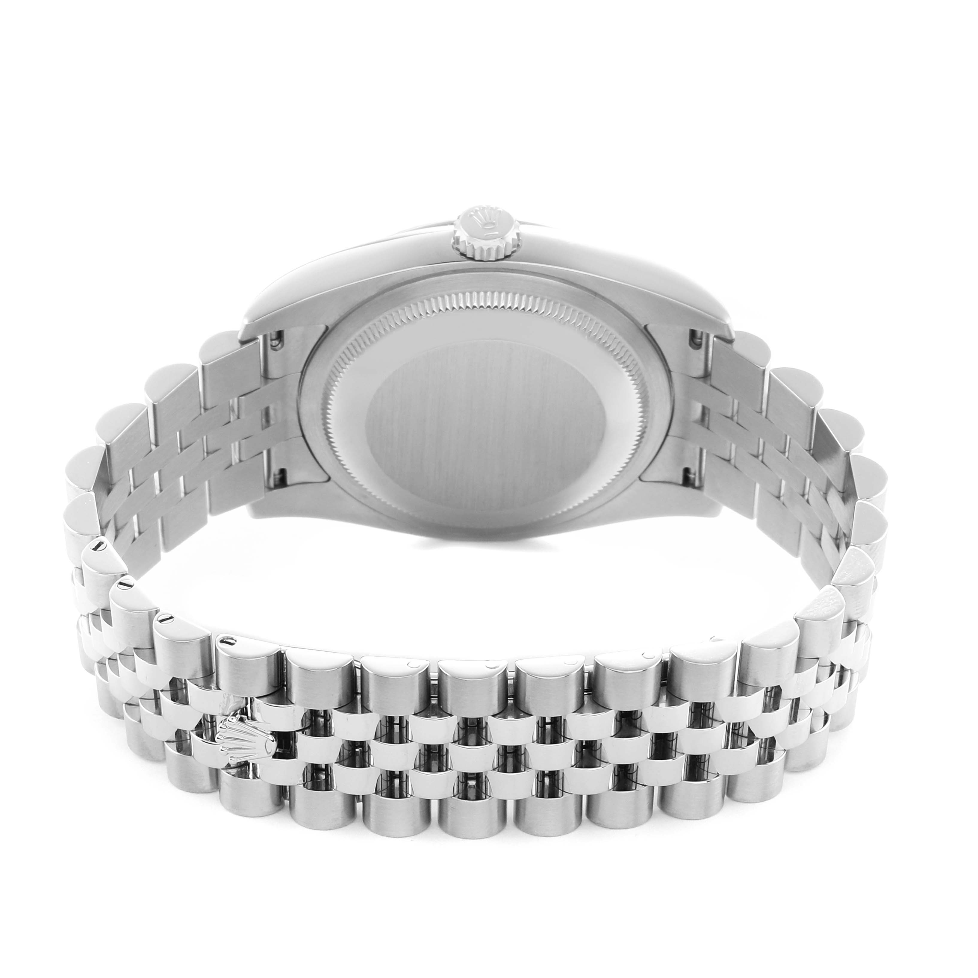 The image shows the back view of a Rolex Datejust 116234 Men
s Stainless Steel Silver Dial, highlighting the case back and the Jubilee bracelet.