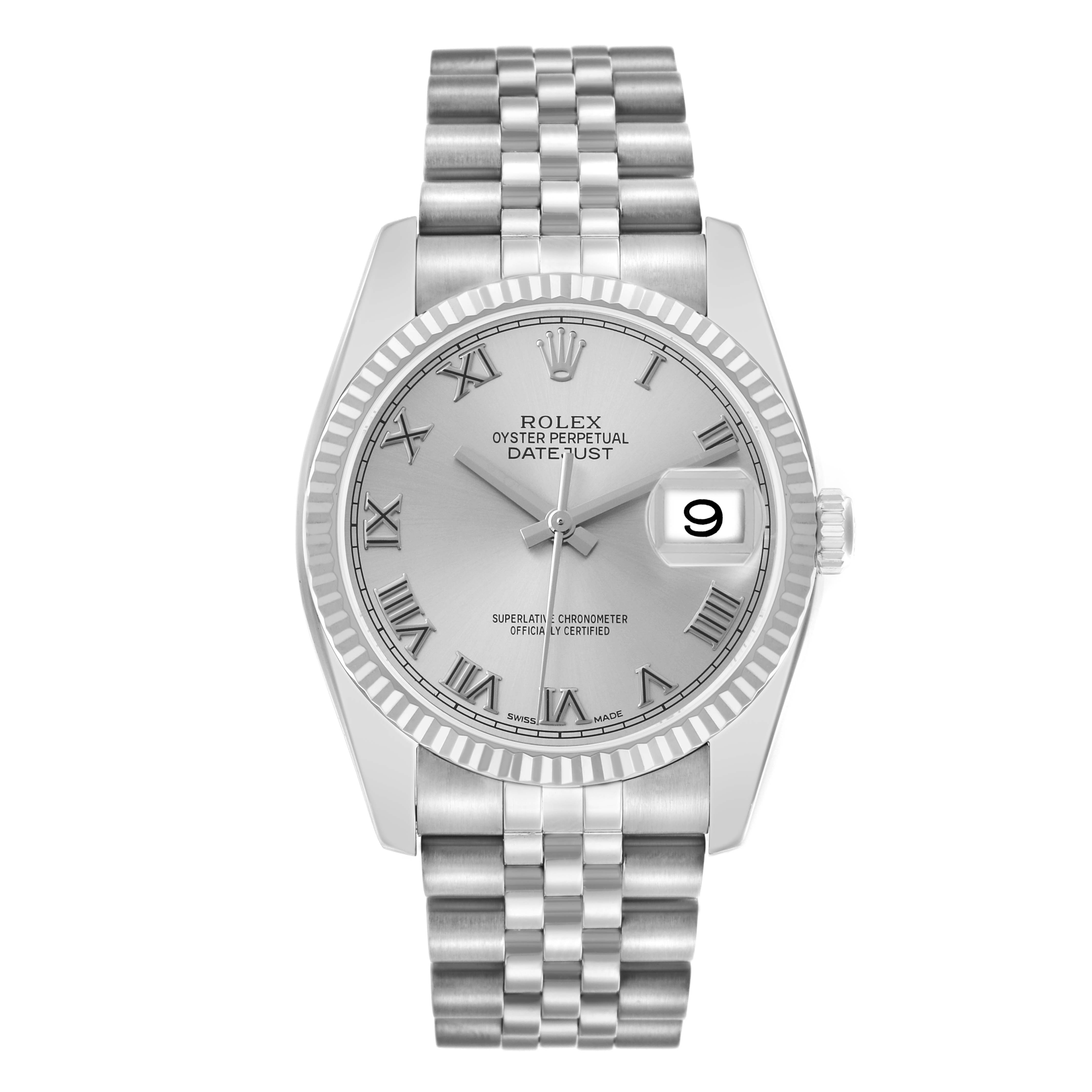The Rolex Datejust 116234 Men
s Stainless Steel Silver Dial watch is shown from the front, highlighting its bezel, dial, date window, and bracelet.