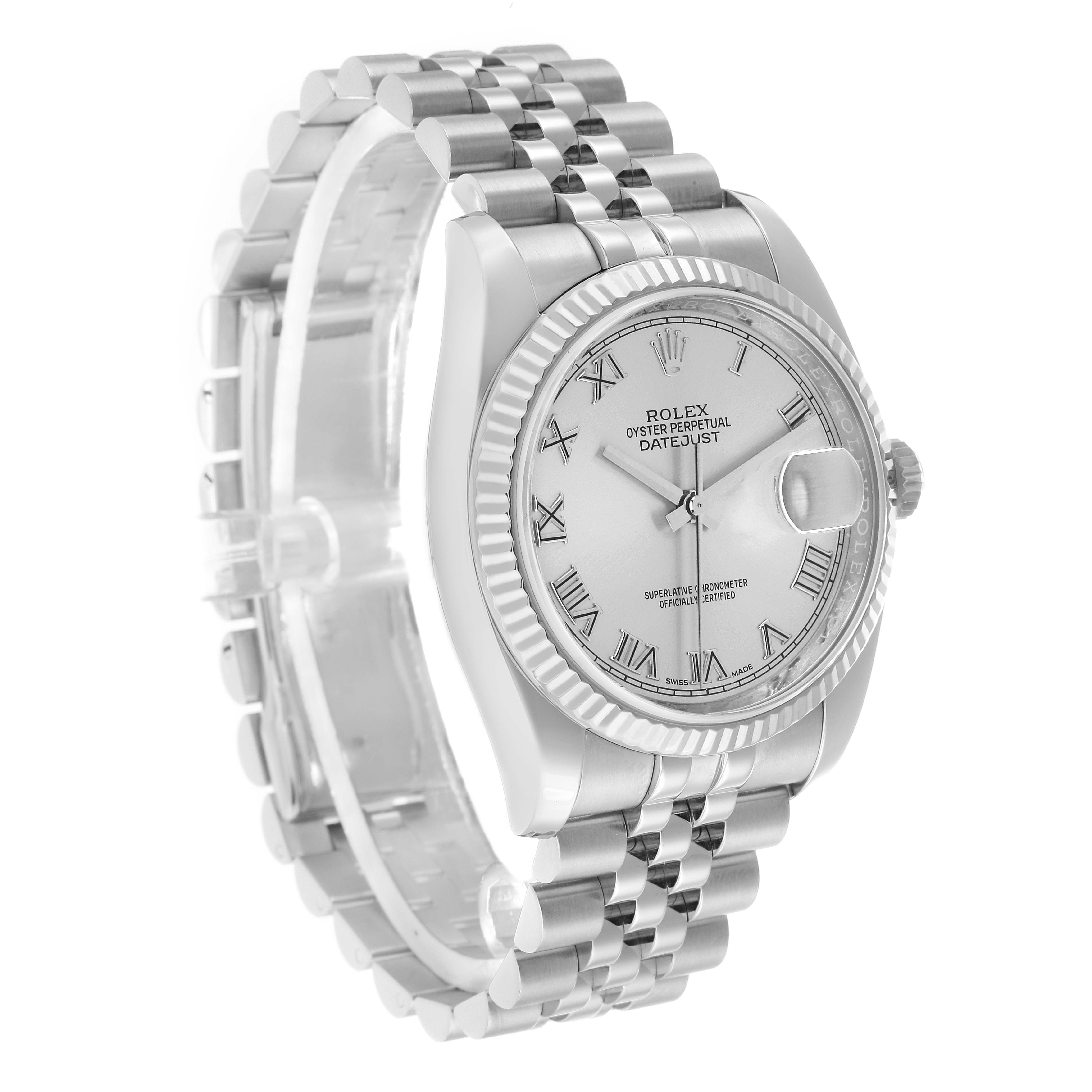 The Rolex Datejust 116234 Men
s Stainless Steel Silver Dial watch is shown at an angled side view, highlighting the dial, bezel, and bracelet.