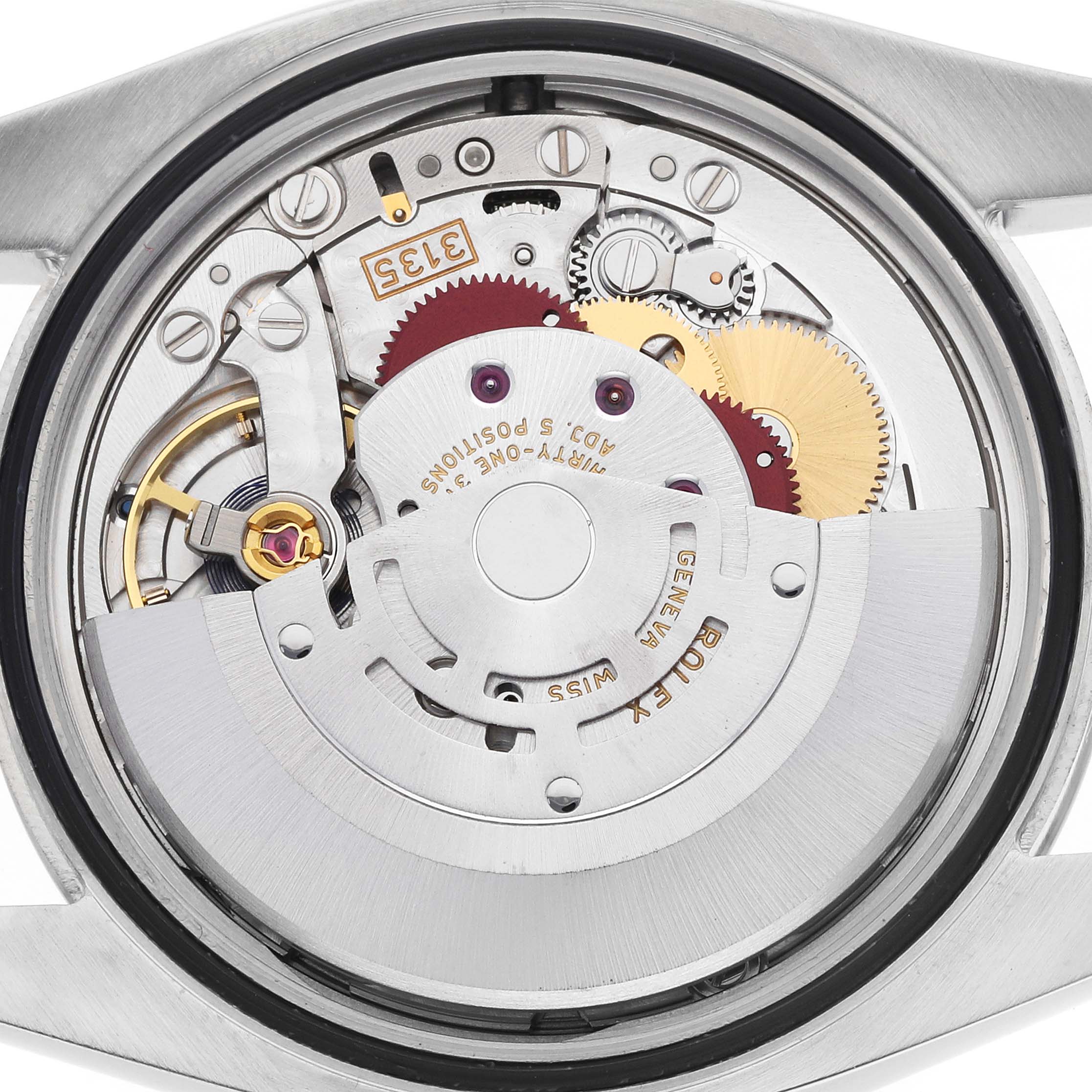 The image shows a close-up of the movement of a Rolex Datejust 116234 Men
s Stainless Steel Silver Dial, highlighting gears and components from the back angle.