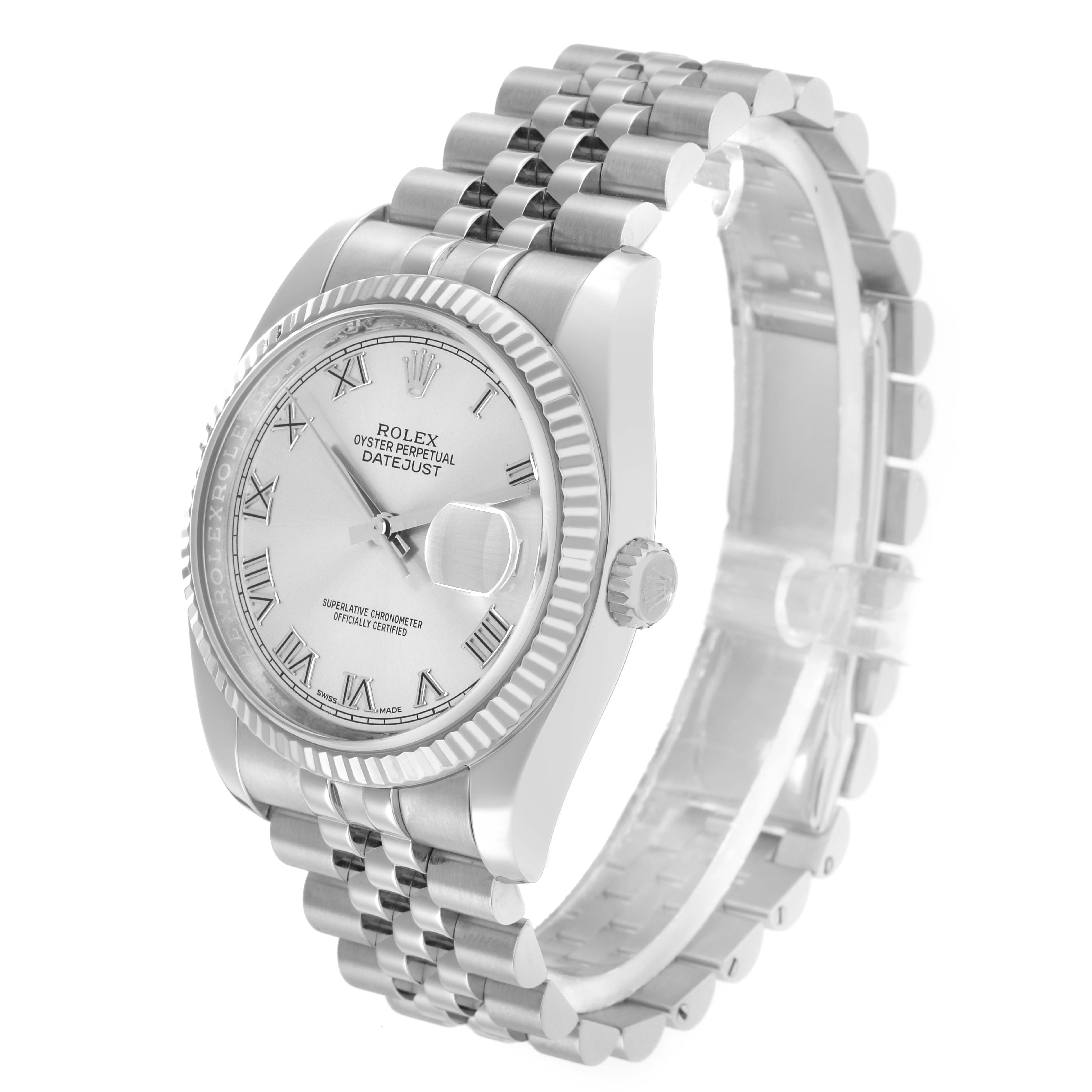 The Rolex Datejust 116234 Men
s Stainless Steel Silver Dial watch is shown at a three-quarter angle, featuring the face, fluted bezel, bracelet, and crown.