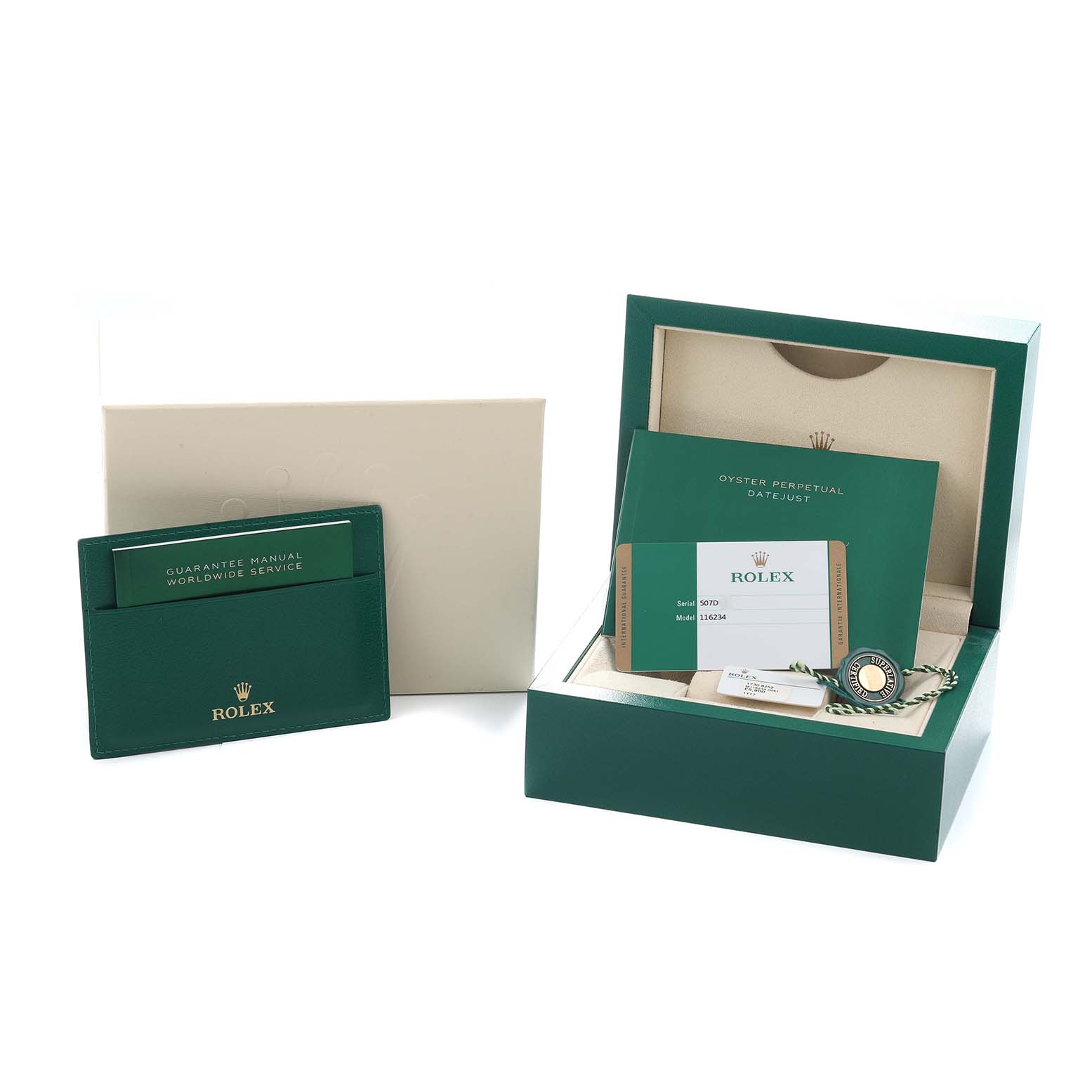 The image shows an open box with Rolex Datejust 116234 Men
s Stainless Steel Silver Dial documentation, warranty card, and a tag from a side angle.