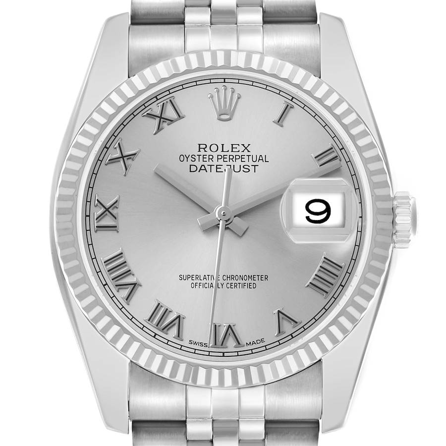 The Rolex Datejust 116234 Men
s Stainless Steel Silver Dial watch is shown from a straight-on angle, displaying the dial, bezel, crown, and part of the bracelet.