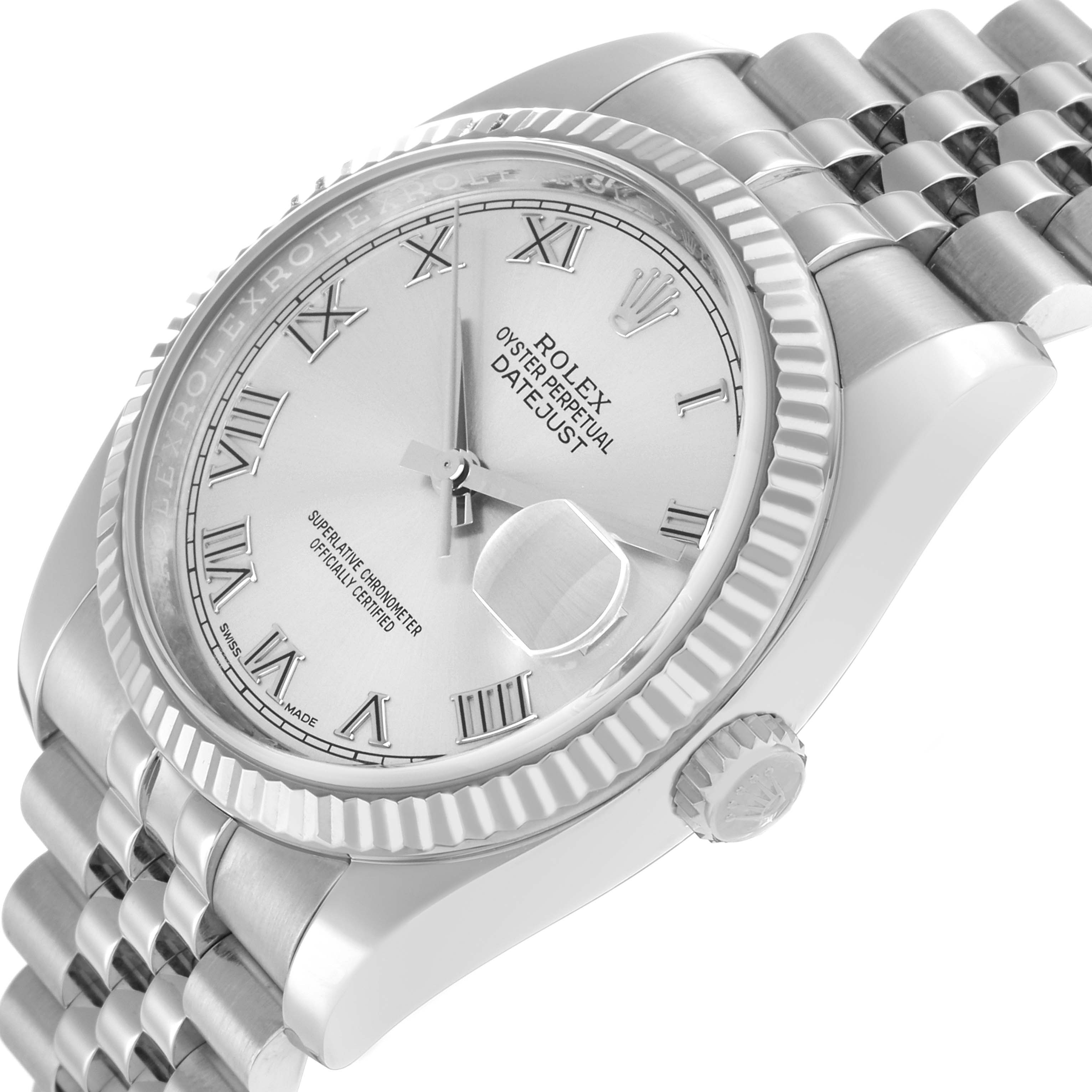 The image shows a Rolex Datejust 116234 Men
s Stainless Steel Silver Dial watch at an angled view, highlighting the dial, fluted bezel, and part of the bracelet.