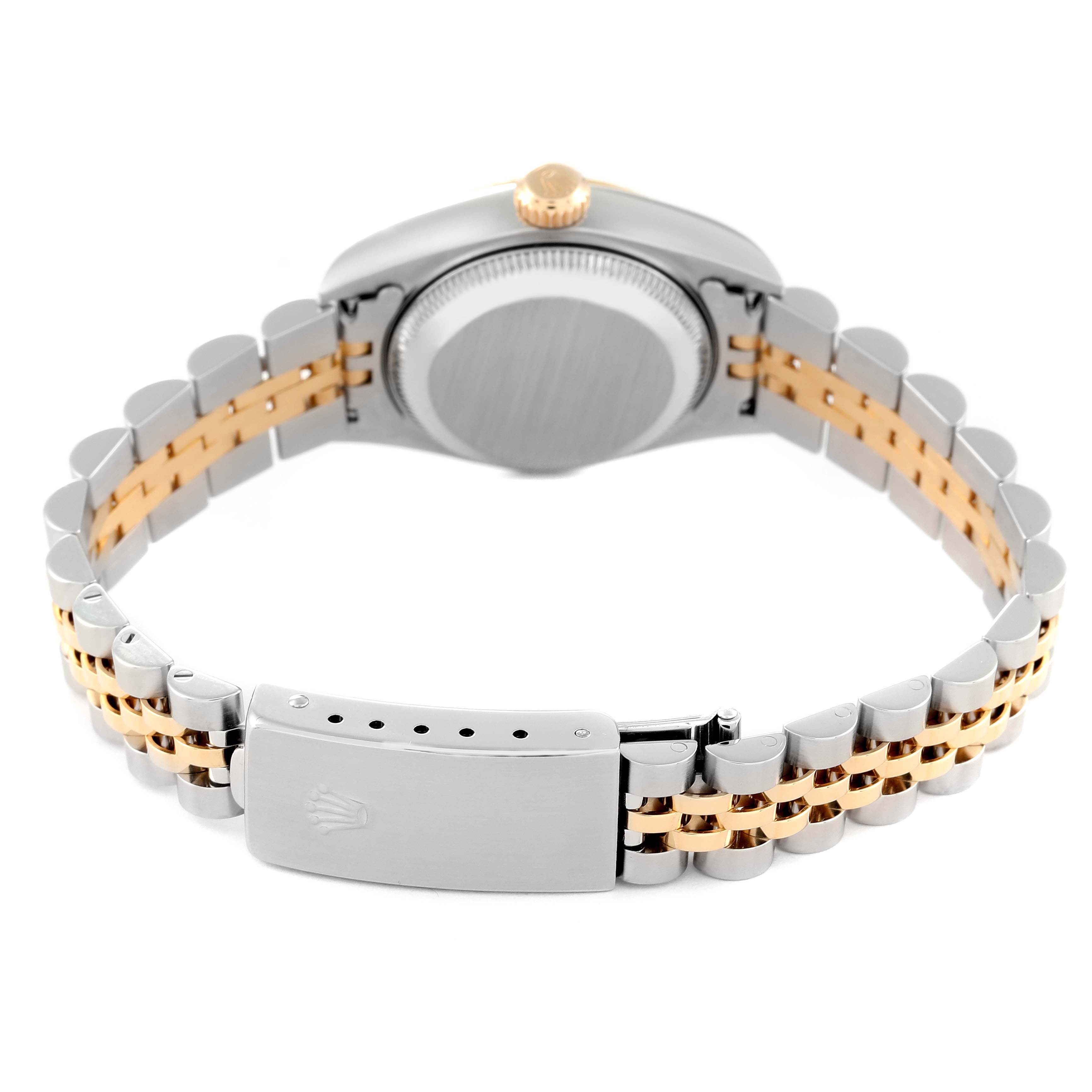 The image shows the back of a Rolex Datejust 79173 Women's Steel and Gold (two tone) Black Dial 79173 Women's Steel and Gold (two tone) Black Dial watch, highlighting the two-tone bracelet, clasp, case back, and crown.