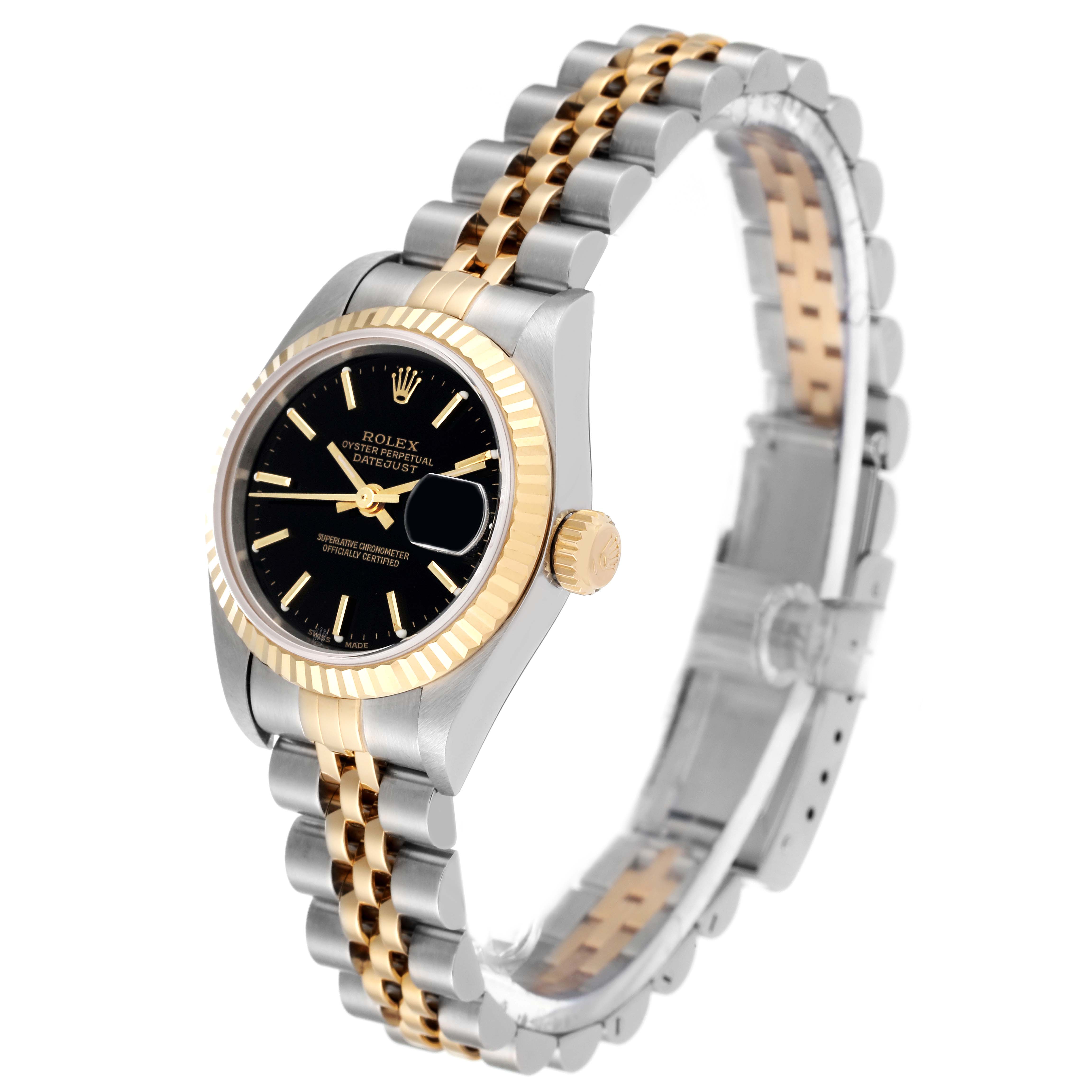 This image shows a Rolex Datejust 79173 Women's Steel and Gold (two tone) Black Dial 79173 Women's Steel and Gold (two tone) Black Dial watch at a slight angle, revealing the black dial, fluted bezel, and two-tone Jubilee bracelet.