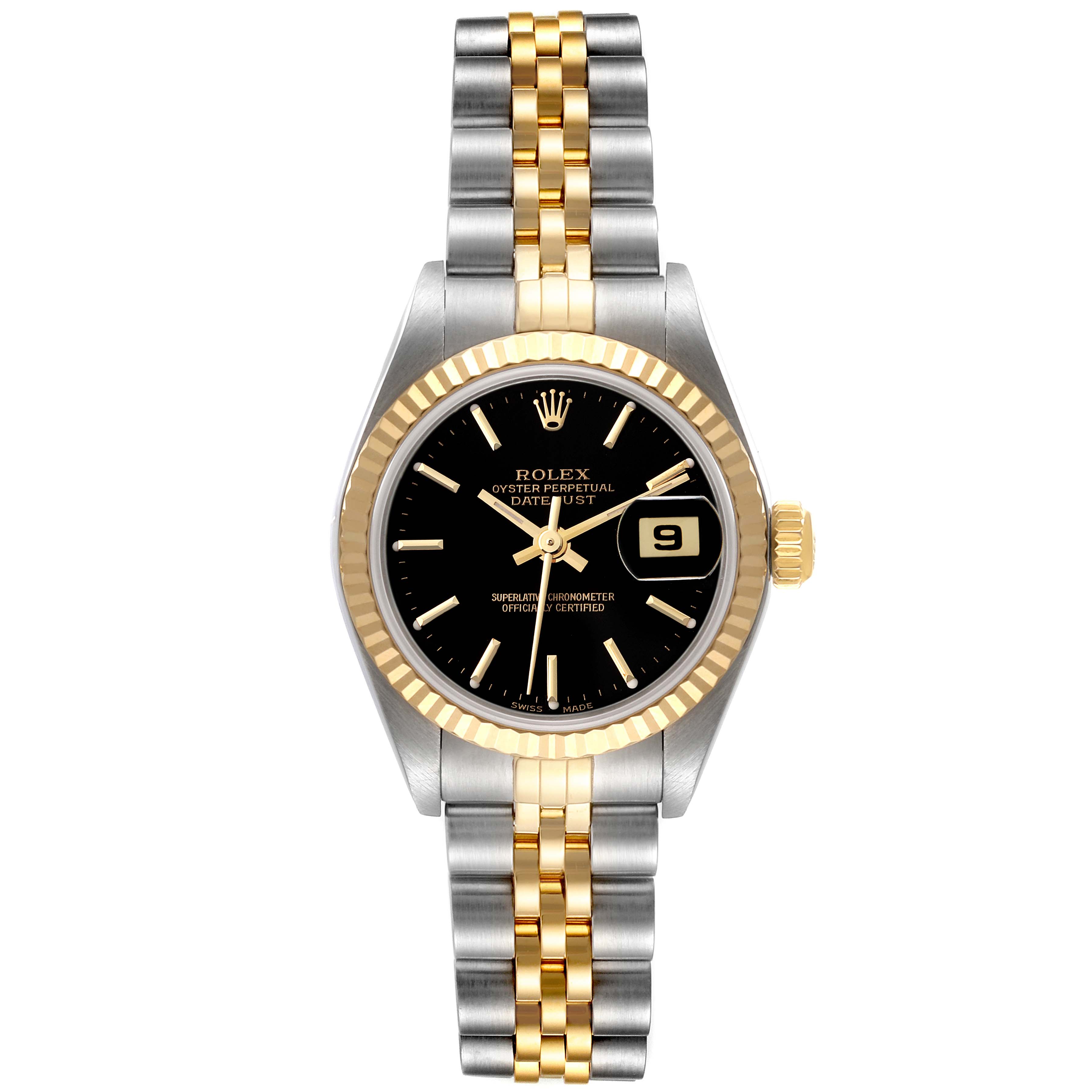 This image shows a Rolex Datejust 79173 Women's Steel and Gold (two tone) Black Dial 79173 Women's Steel and Gold (two tone) Black Dial watch from a front angle, highlighting the black dial, gold bezel, and two-tone bracelet.