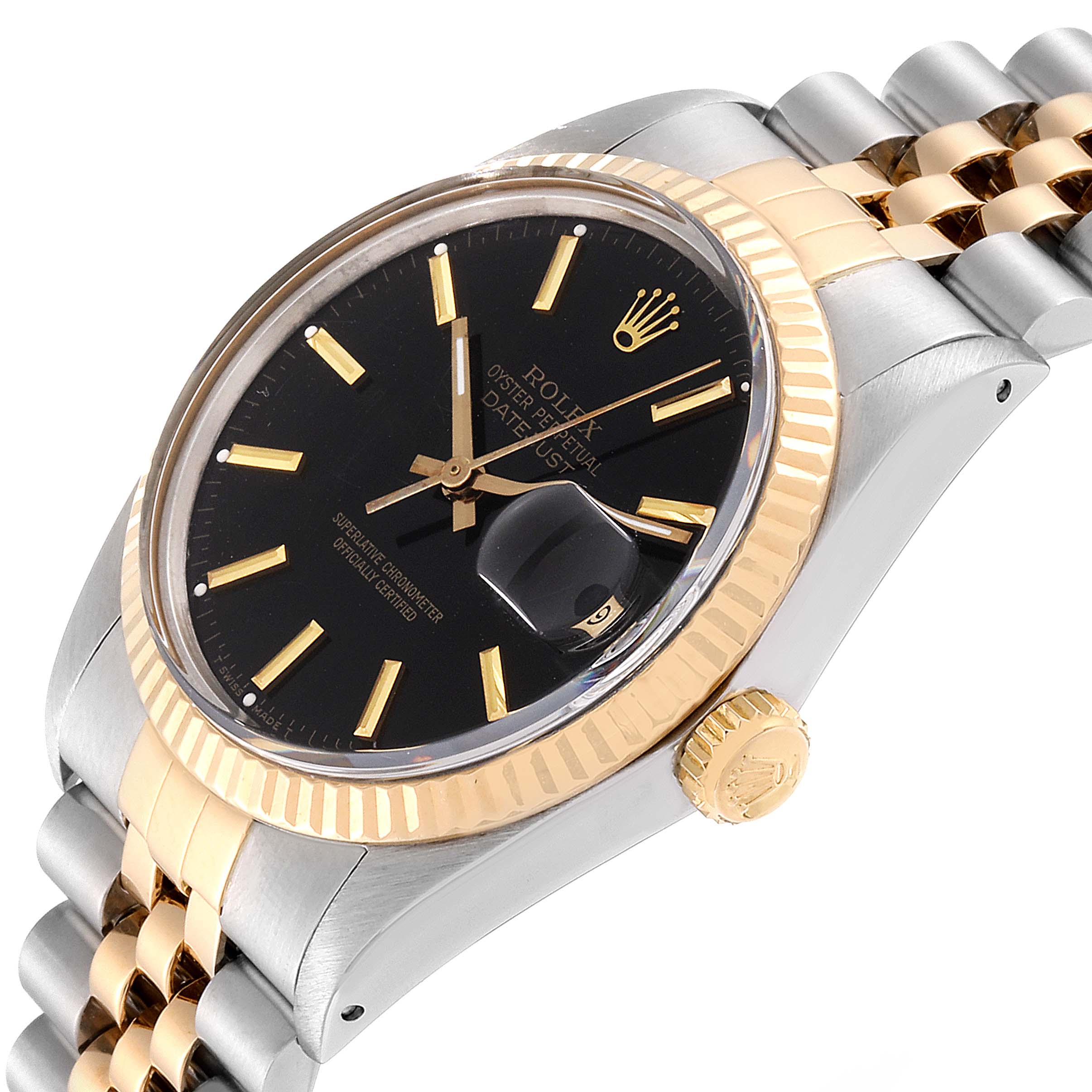 This image shows a Rolex Datejust 16013 Men's Steel and Gold (two tone) Black Dial 16013 Men's Steel and Gold (two tone) Black Dial watch from a tilted angle, highlighting the bezel, dial, crown, and bracelet.