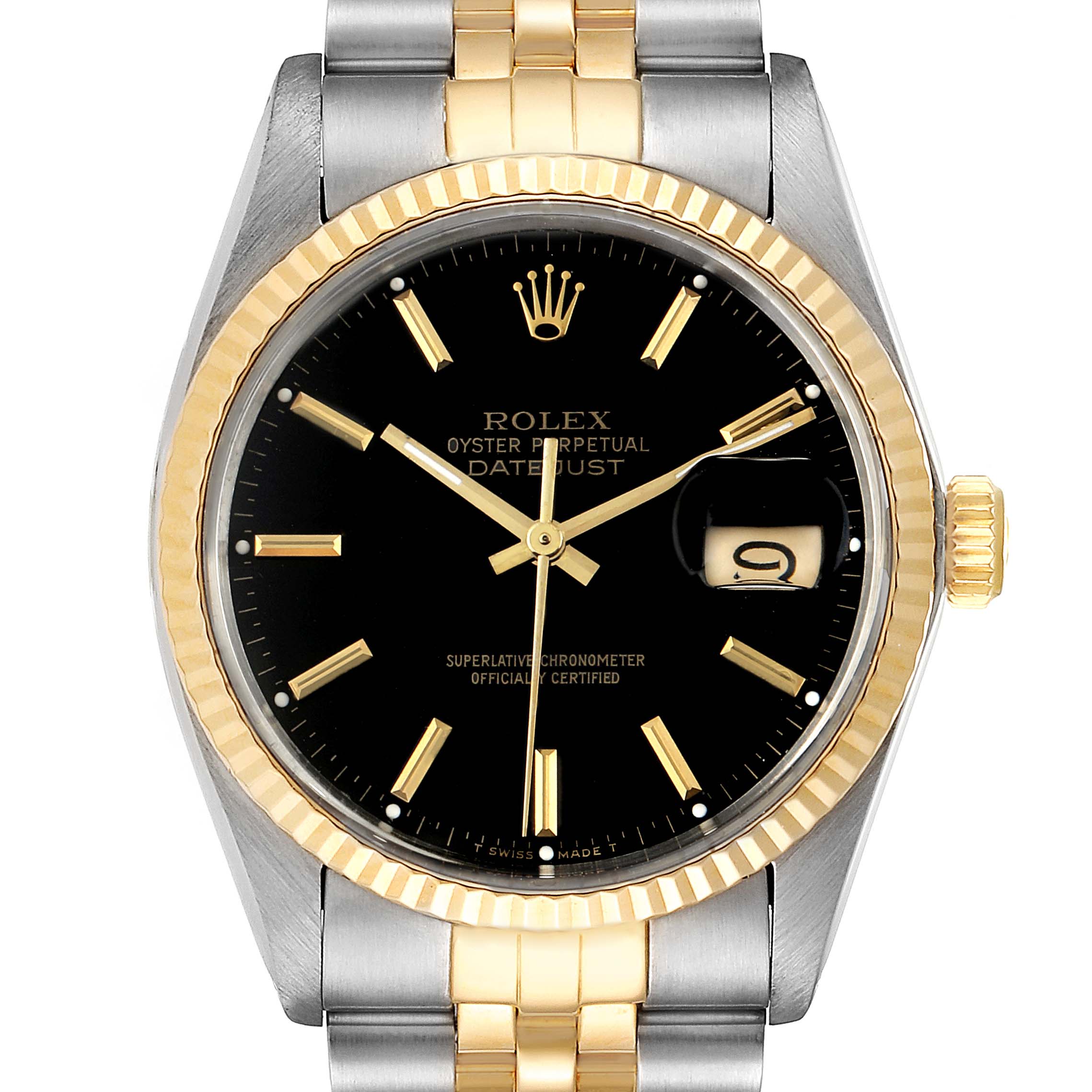 This image shows a front view of the Rolex Datejust 16013 Men's Steel and Gold (two tone) Black Dial 16013 Men's Steel and Gold (two tone) Black Dial watch, highlighting the dial, bezel, hands, and part of the bracelet.