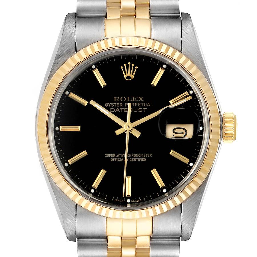 Rolex Datejust Steel Yellow Gold Black Dial Vintage Mens Watch 16013 SwissWatchExpo