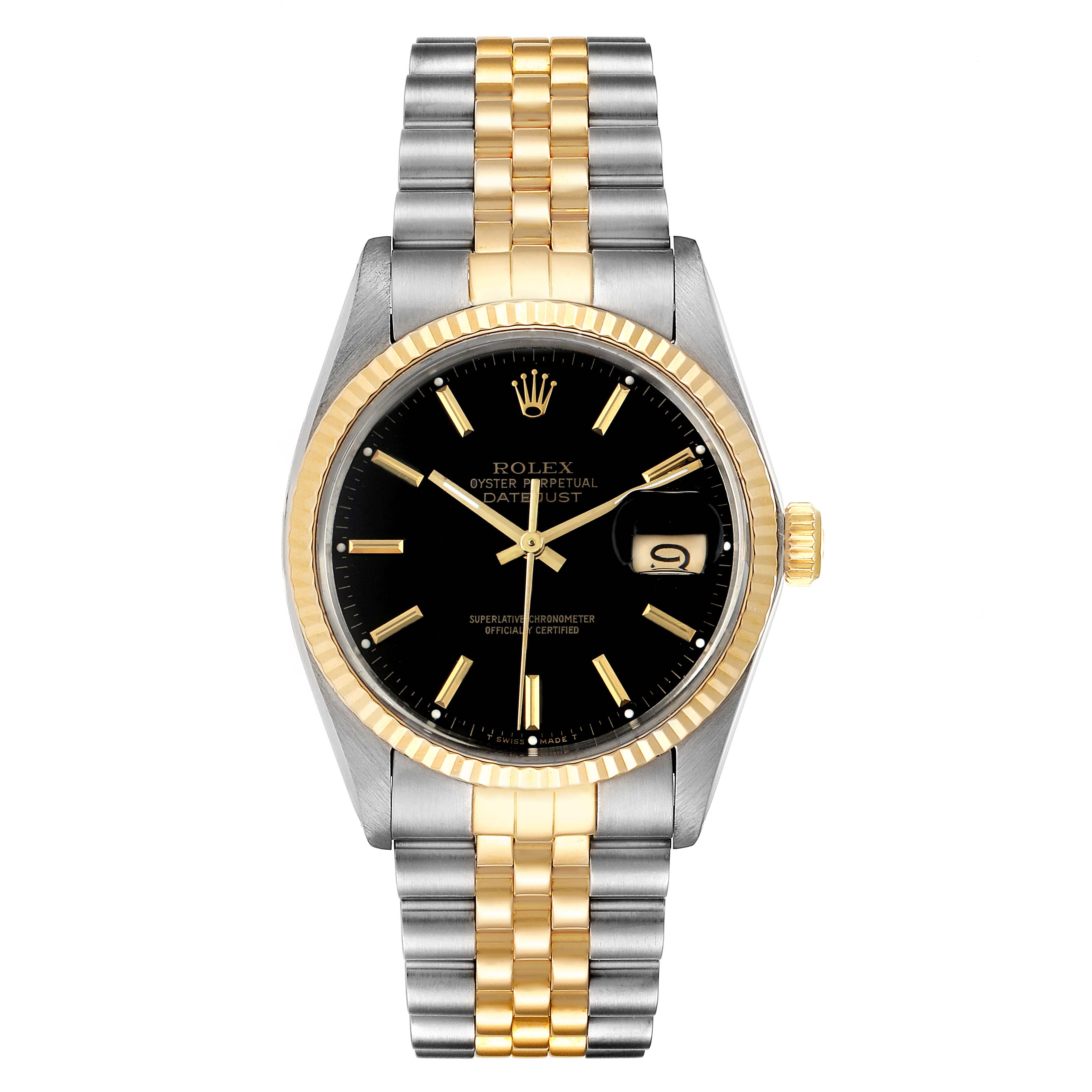 The Rolex Datejust 16013 Men's Steel and Gold (two tone) Black Dial 16013 Men's Steel and Gold (two tone) Black Dial model is shown from a front angle, displaying its black dial, two-tone bracelet, and date window.