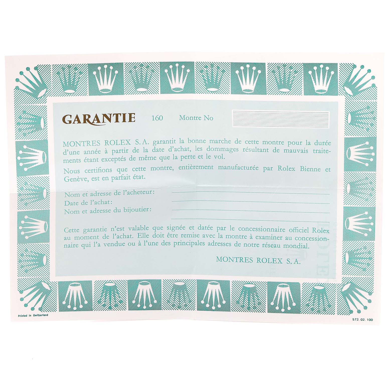 This image shows a warranty card for the Rolex Datejust 16013 Men's Steel and Gold (two tone) Black Dial 16013 Men's Steel and Gold (two tone) Black Dial model watch.