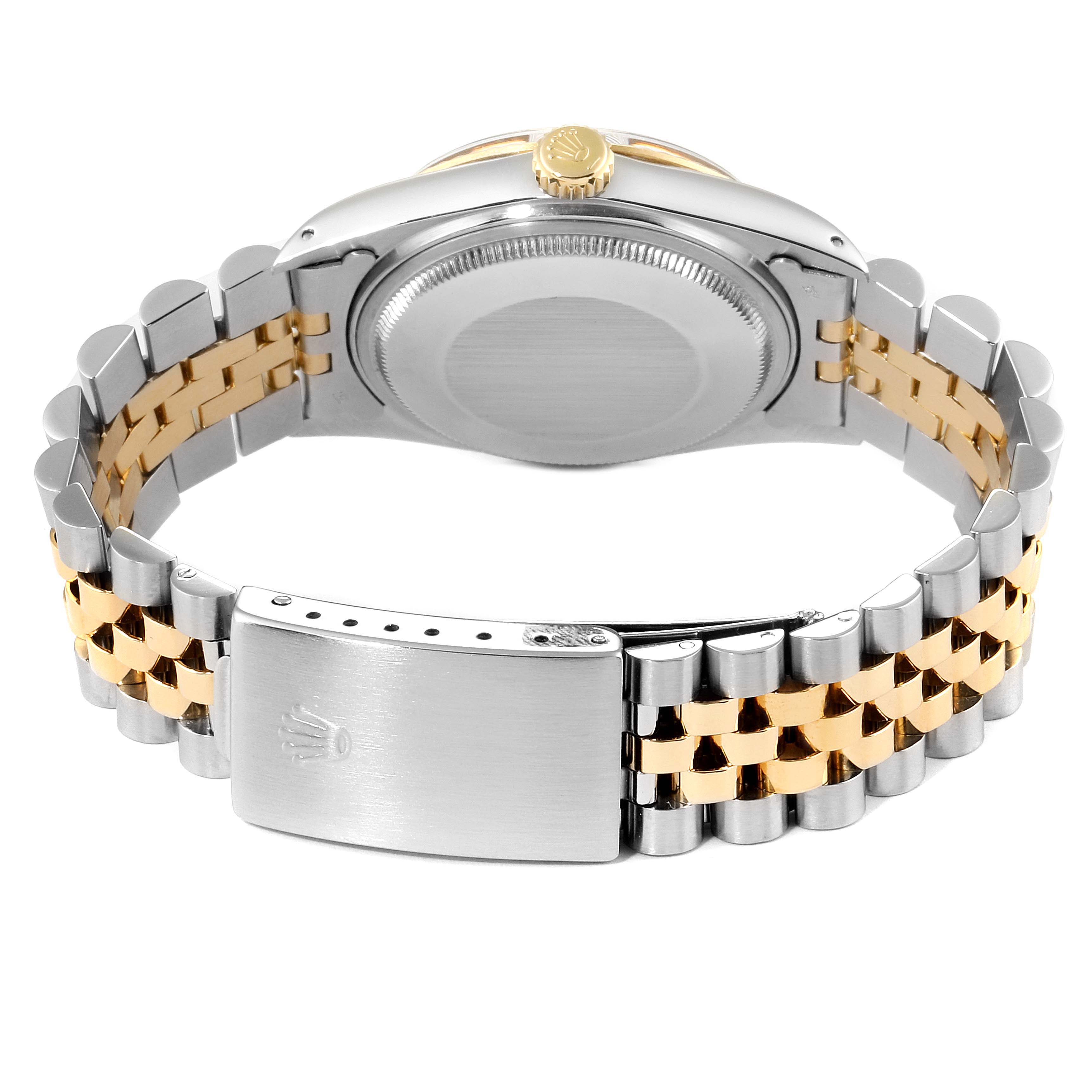 The image shows the back of a Rolex Datejust 16013 Men's Steel and Gold (two tone) Black Dial 16013 Men's Steel and Gold (two tone) Black Dial watch, featuring the clasp and jubilee bracelet.