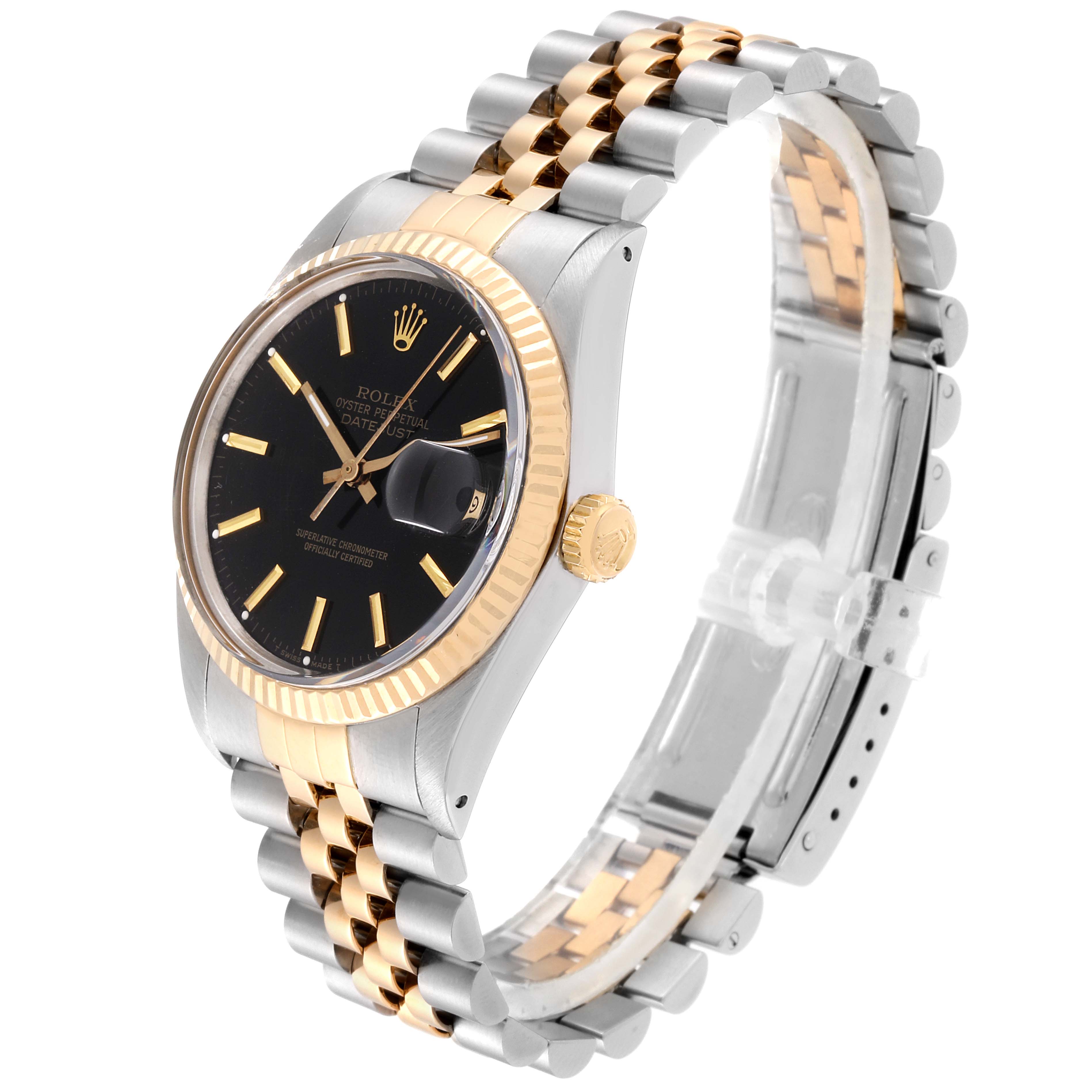 The image shows a Rolex Datejust 16013 Men's Steel and Gold (two tone) Black Dial 16013 Men's Steel and Gold (two tone) Black Dial watch with a two-tone bracelet, black dial, and gold fluted bezel, at a slightly angled front view.