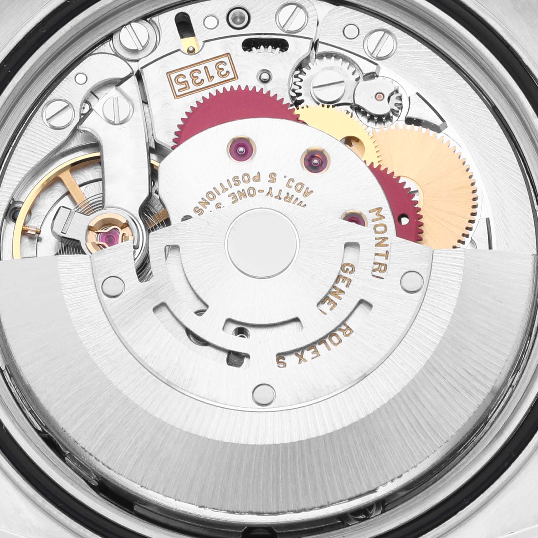 The image shows the movement mechanism of a Rolex Datejust 16233 Men's Steel and Gold (two tone) Black Dial 16233 Men's Steel and Gold (two tone) Black Dial, focusing on the rotor and gears.