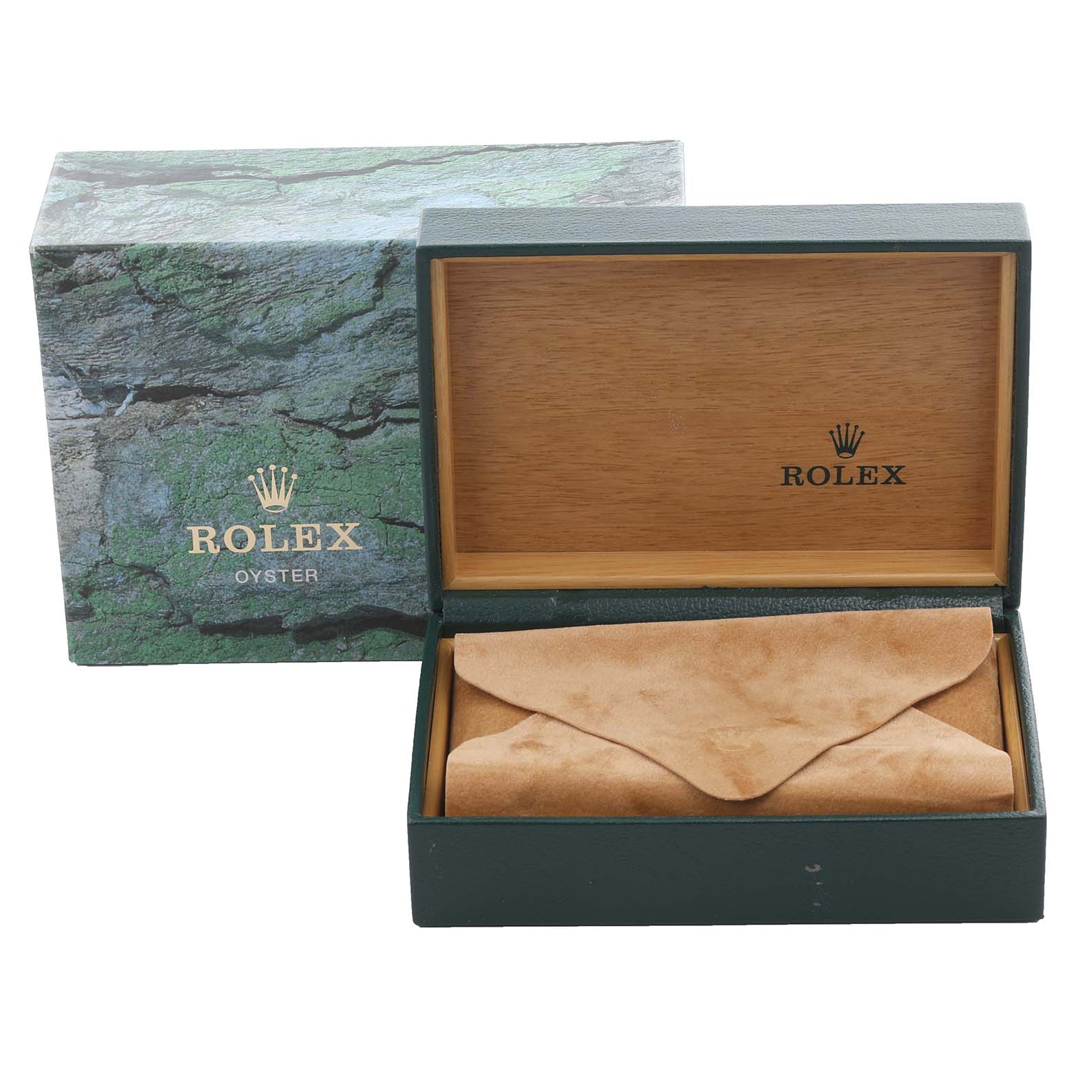 The image shows the opened box and packaging for a Rolex Datejust 16233 Men's Steel and Gold (two tone) Black Dial 16233 Men's Steel and Gold (two tone) Black Dial watch, with the Rolex logo visible.