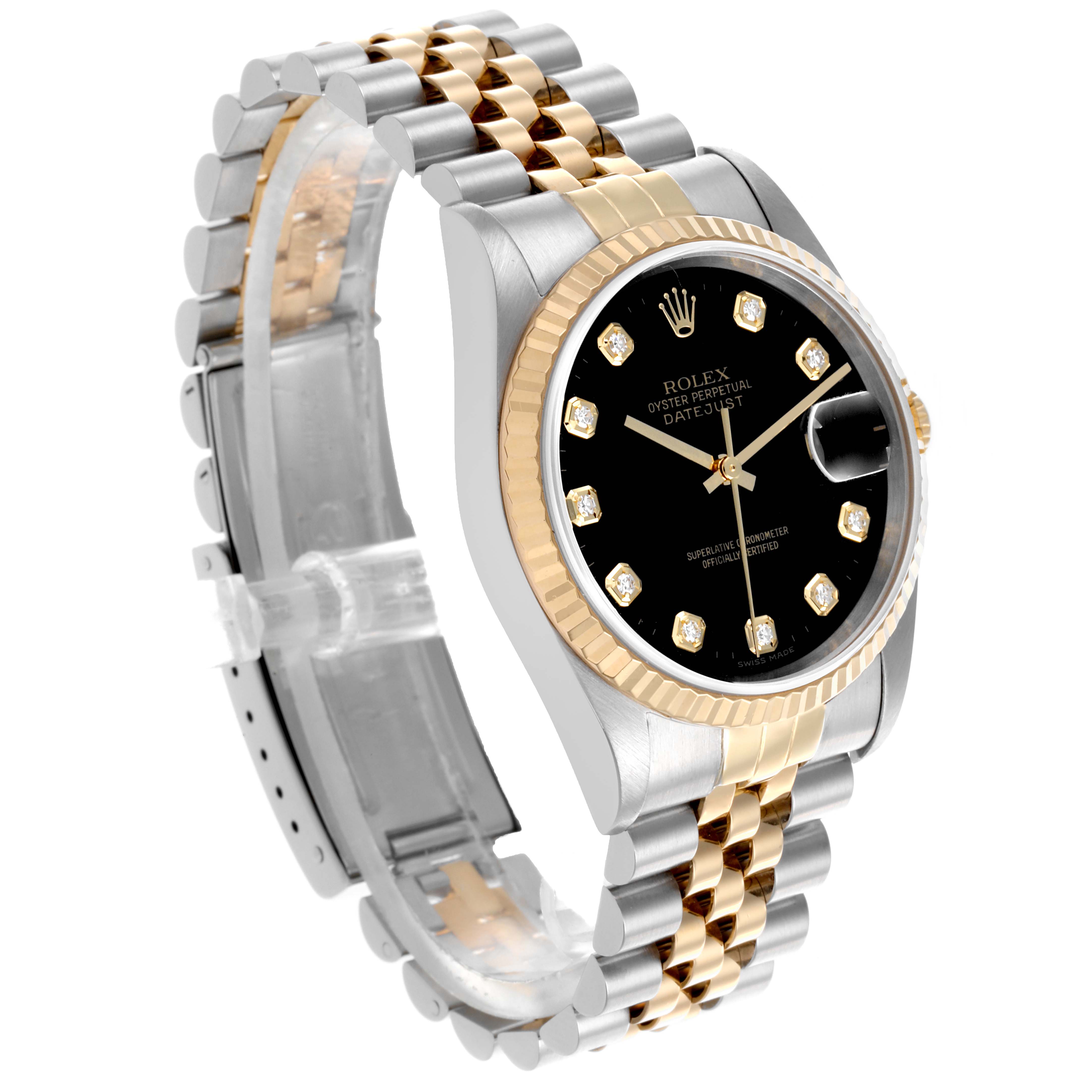 The Rolex Datejust 16233 Men's Steel and Gold (two tone) Black Dial 16233 Men's Steel and Gold (two tone) Black Dial watch is shown at an angled front view, highlighting the dial, bezel, and part of the bracelet.